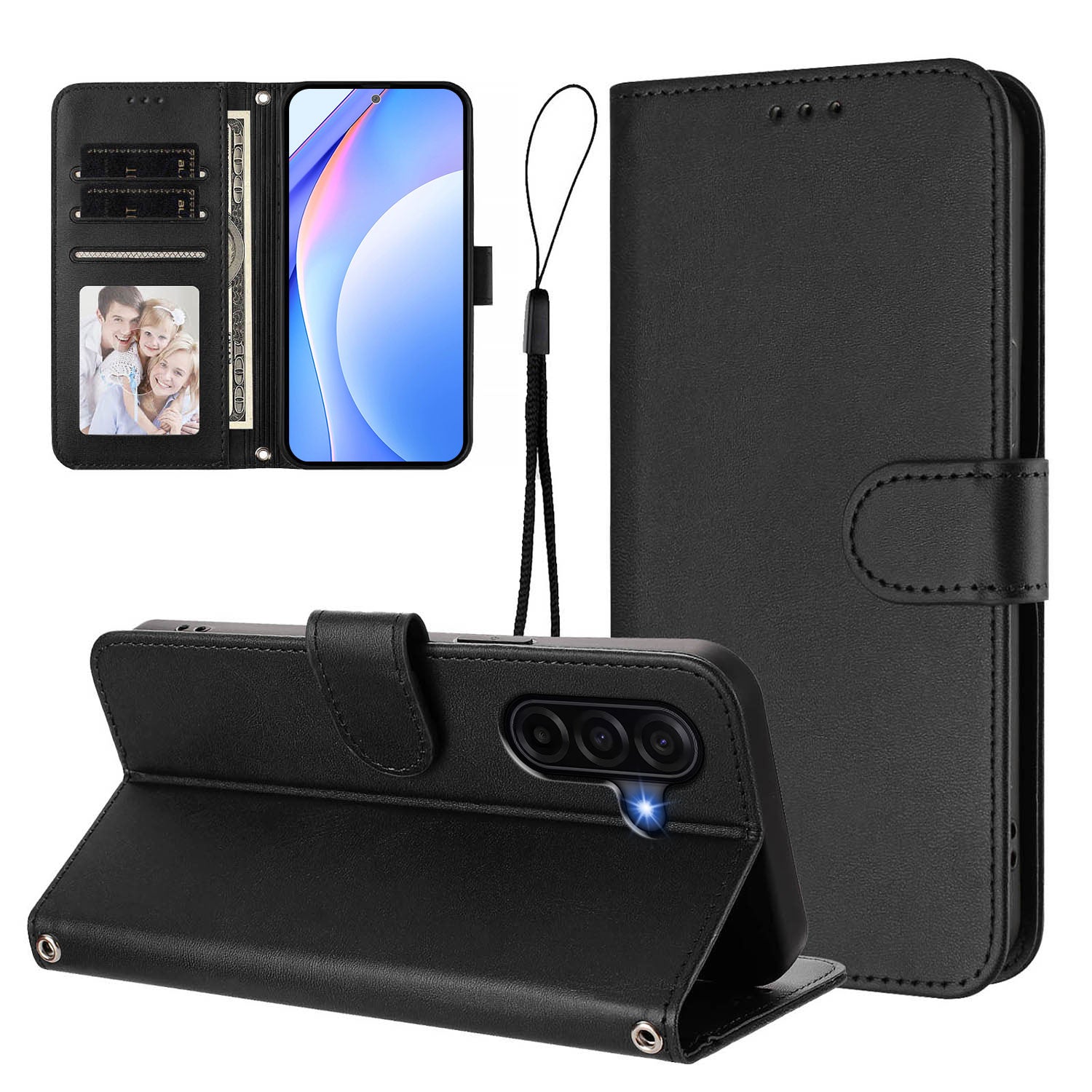 For Samsung Galaxy A57 5G Wallet Case RFID Blocking Calf Texture Leather Stand Phone Cover with Strap - Black