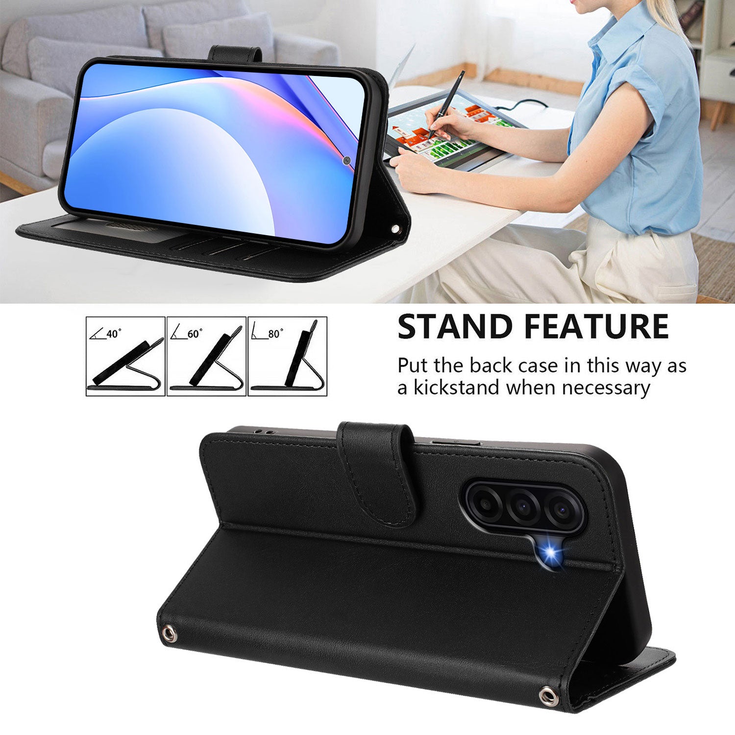 For Samsung Galaxy A57 5G Wallet Case RFID Blocking Calf Texture Leather Stand Phone Cover with Strap - Black