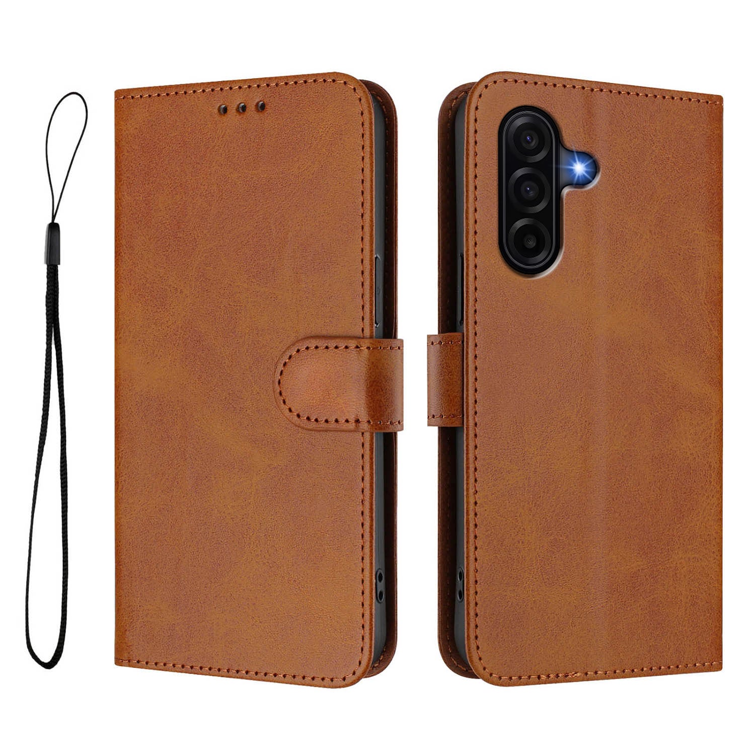 For Samsung Galaxy A57 5G Wallet Case RFID Blocking Calf Texture Leather Stand Phone Cover with Strap - Brown