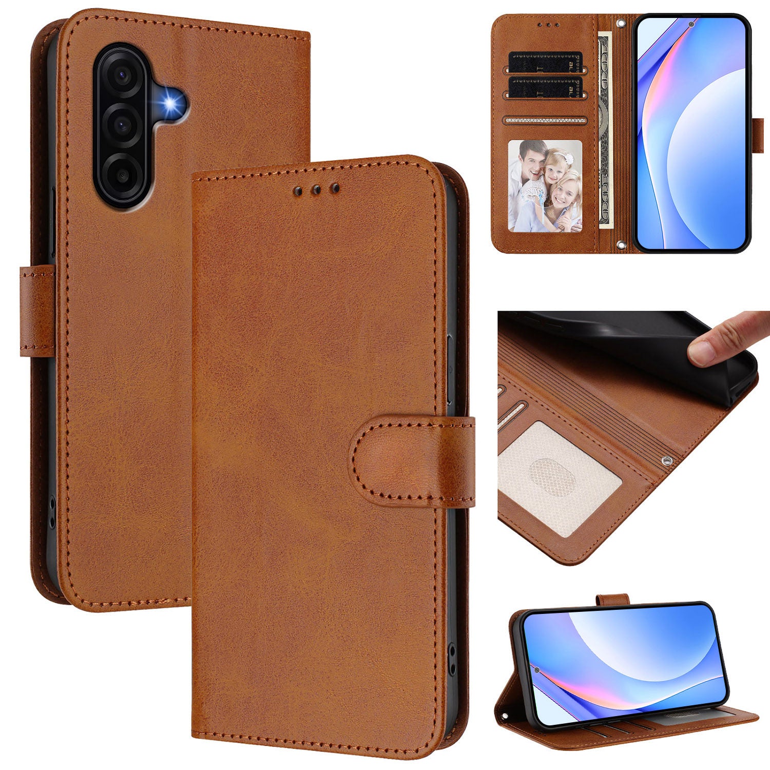 For Samsung Galaxy A57 5G Wallet Case RFID Blocking Calf Texture Leather Stand Phone Cover with Strap - Brown