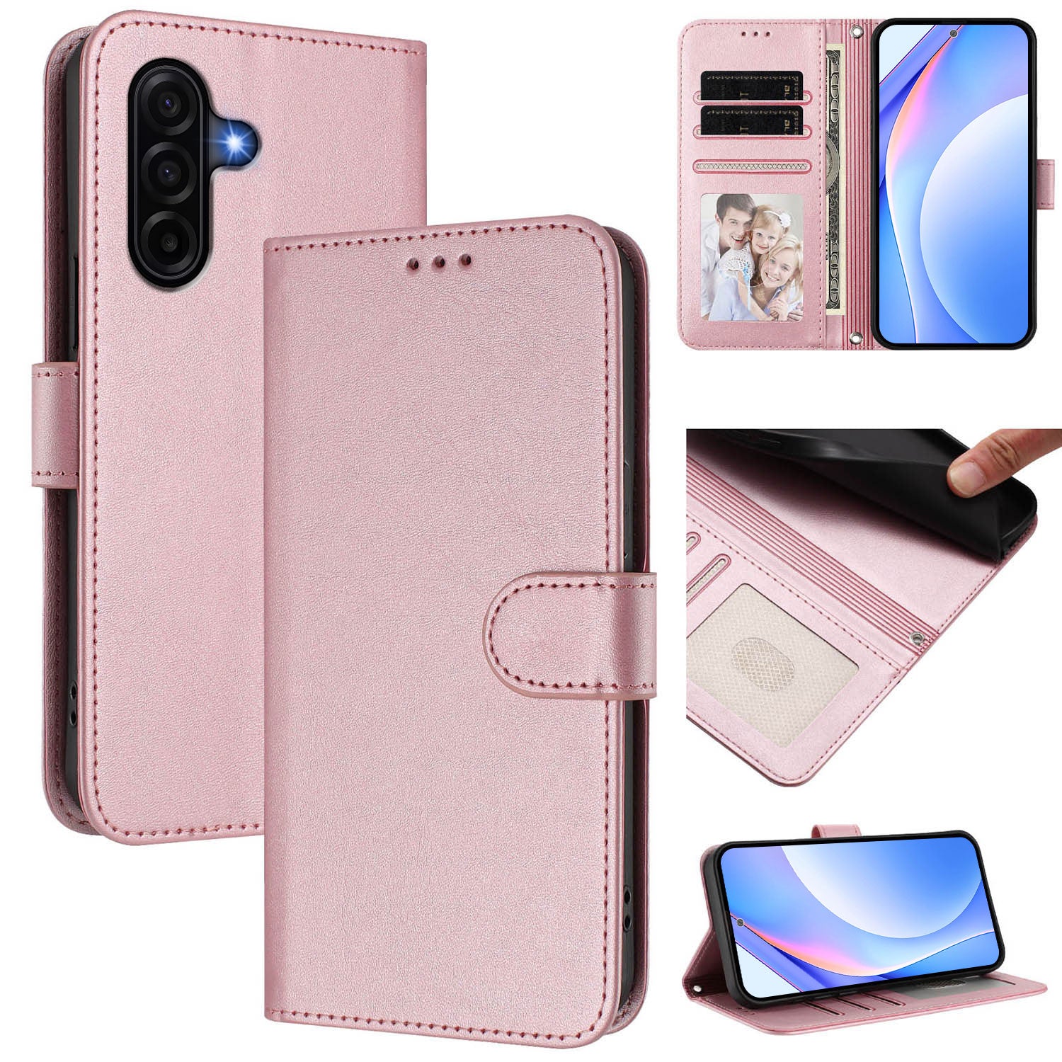 For Samsung Galaxy A57 5G Wallet Case RFID Blocking Calf Texture Leather Stand Phone Cover with Strap - Pink