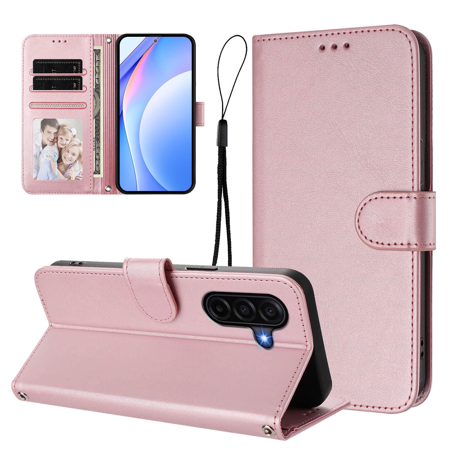 For Samsung Galaxy A57 5G Wallet Case RFID Blocking Calf Texture Leather Stand Phone Cover with Strap - Pink