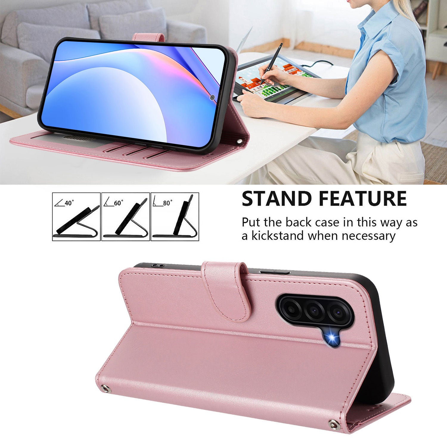 For Samsung Galaxy A57 5G Wallet Case RFID Blocking Calf Texture Leather Stand Phone Cover with Strap - Pink