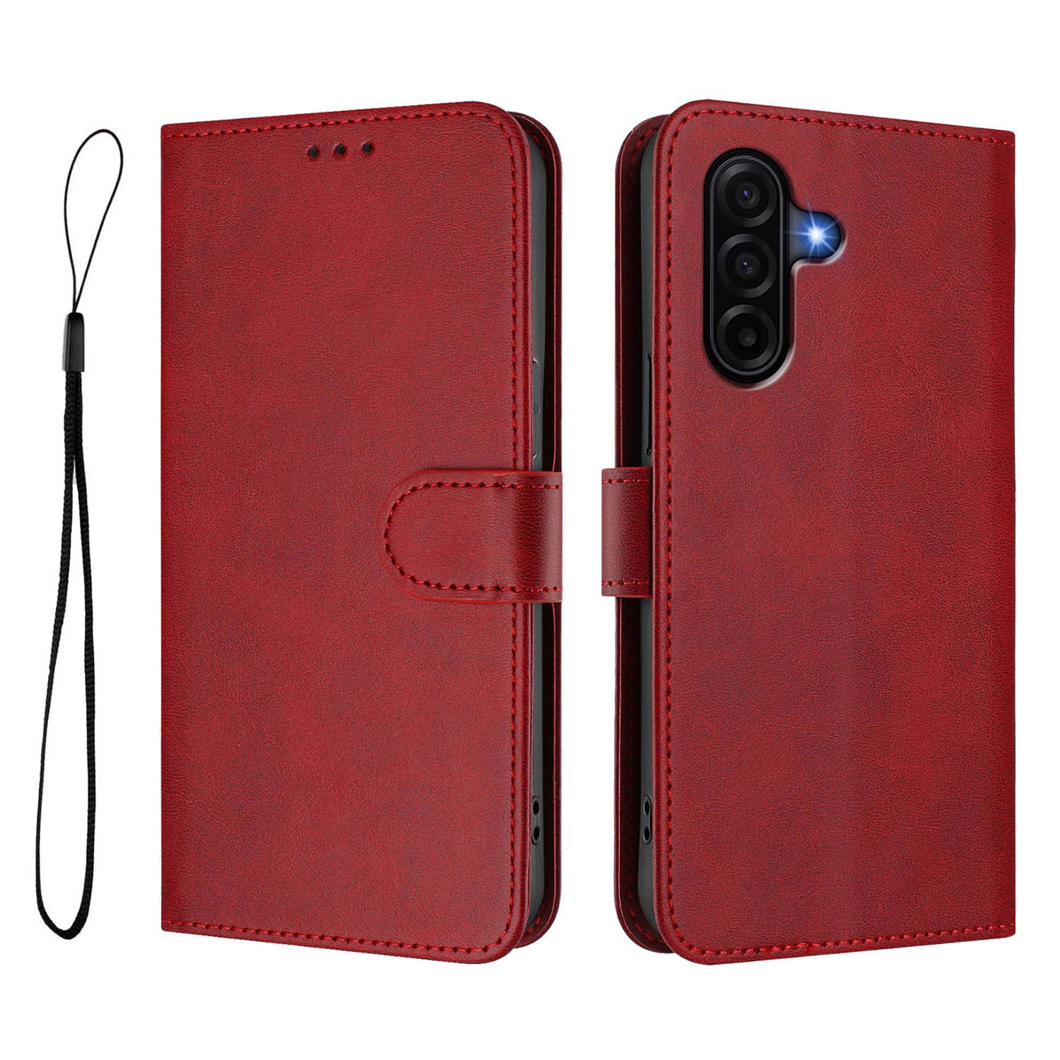 For Samsung Galaxy A57 5G Wallet Case RFID Blocking Calf Texture Leather Stand Phone Cover with Strap - Wine Red