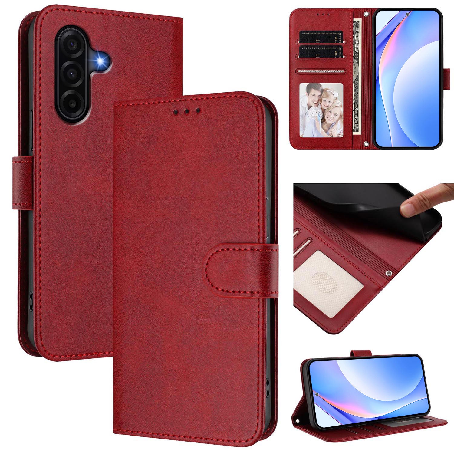 For Samsung Galaxy A57 5G Wallet Case RFID Blocking Calf Texture Leather Stand Phone Cover with Strap - Wine Red