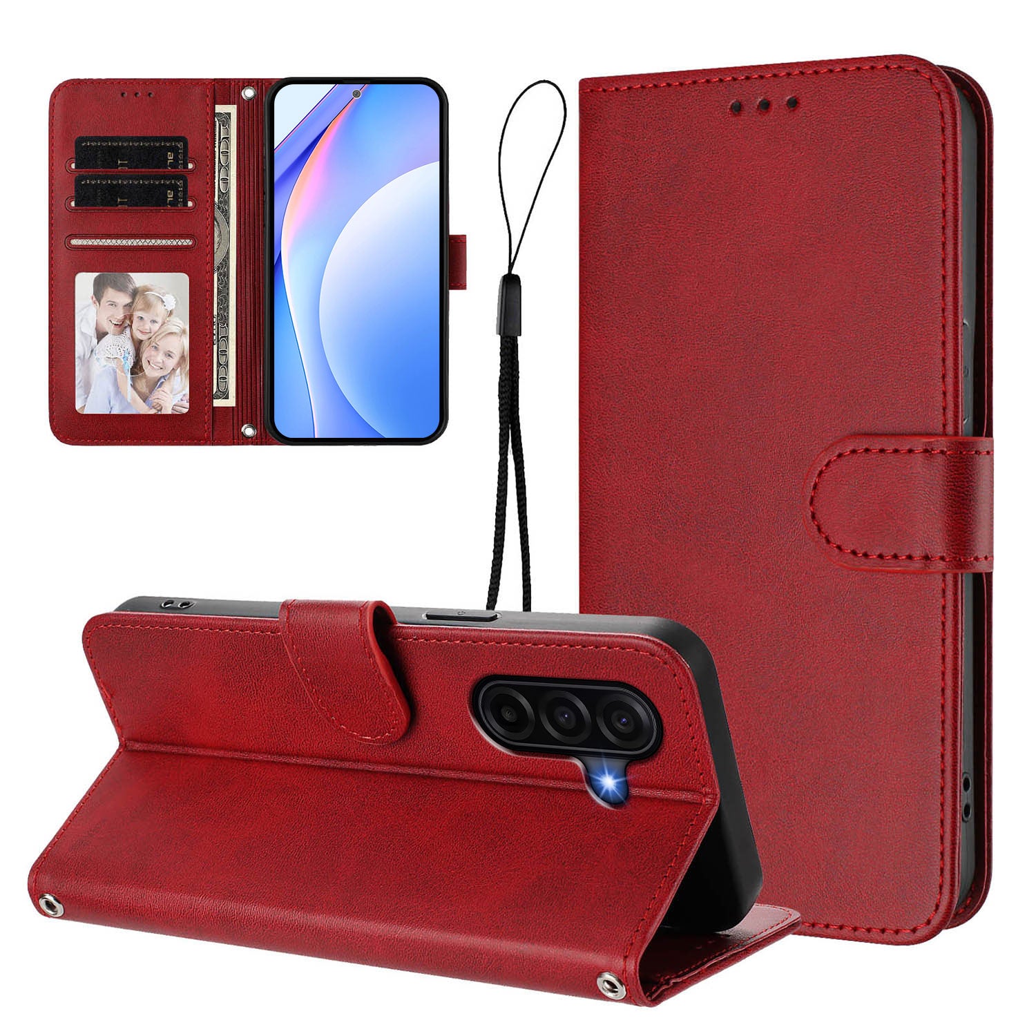 For Samsung Galaxy A57 5G Wallet Case RFID Blocking Calf Texture Leather Stand Phone Cover with Strap - Wine Red