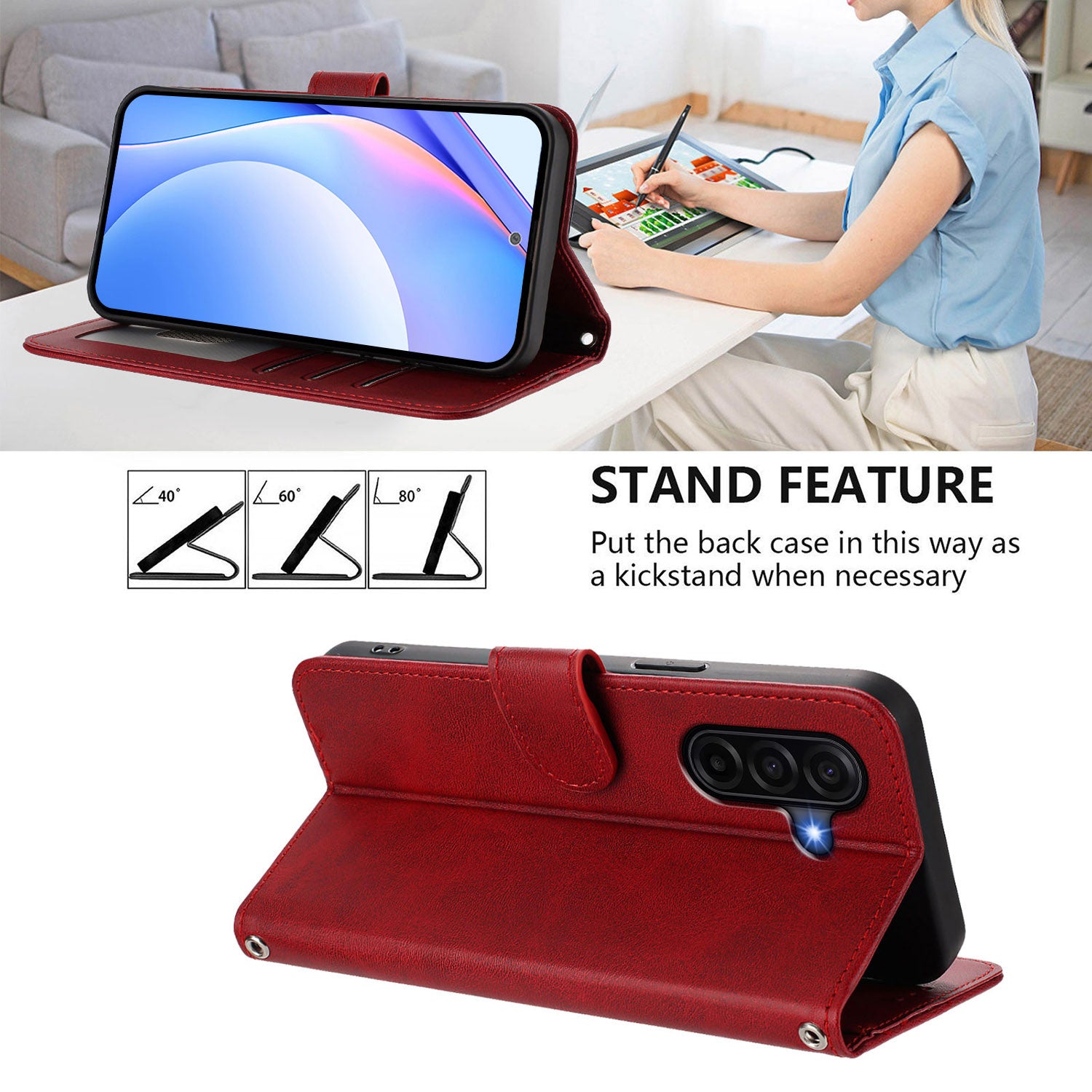 For Samsung Galaxy A57 5G Wallet Case RFID Blocking Calf Texture Leather Stand Phone Cover with Strap - Wine Red