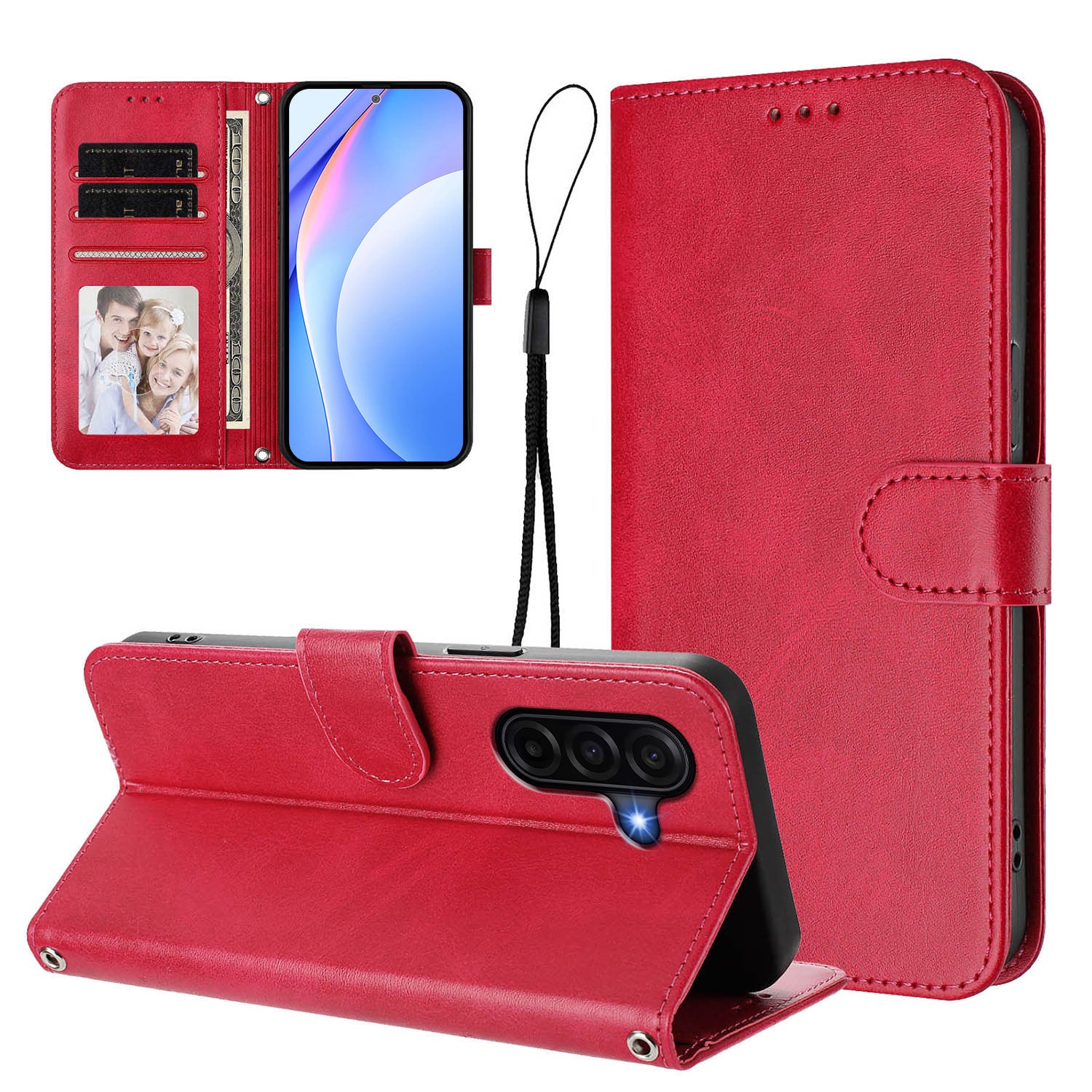For Samsung Galaxy A57 5G Wallet Case RFID Blocking Calf Texture Leather Stand Phone Cover with Strap - Rose