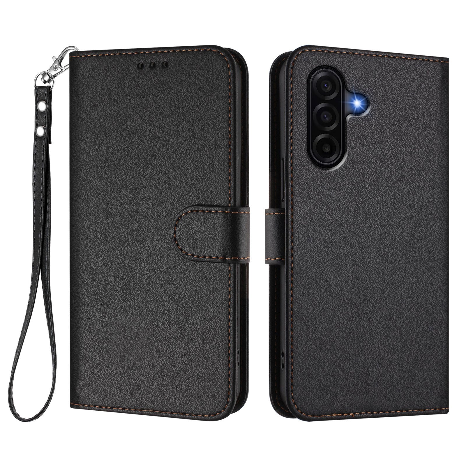 For Samsung Galaxy A57 5G Leather Case Wallet Stand Phone Cover with Wrist Strap - Black