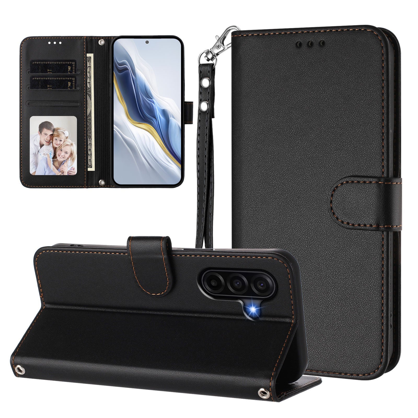 For Samsung Galaxy A57 5G Leather Case Wallet Stand Phone Cover with Wrist Strap - Black