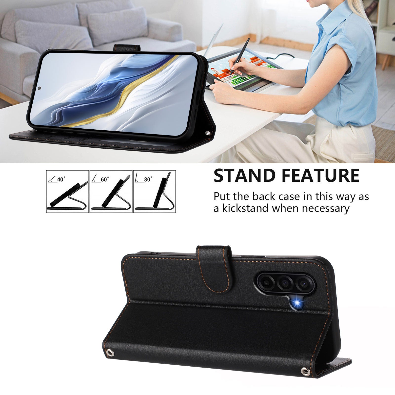 For Samsung Galaxy A57 5G Leather Case Wallet Stand Phone Cover with Wrist Strap - Black