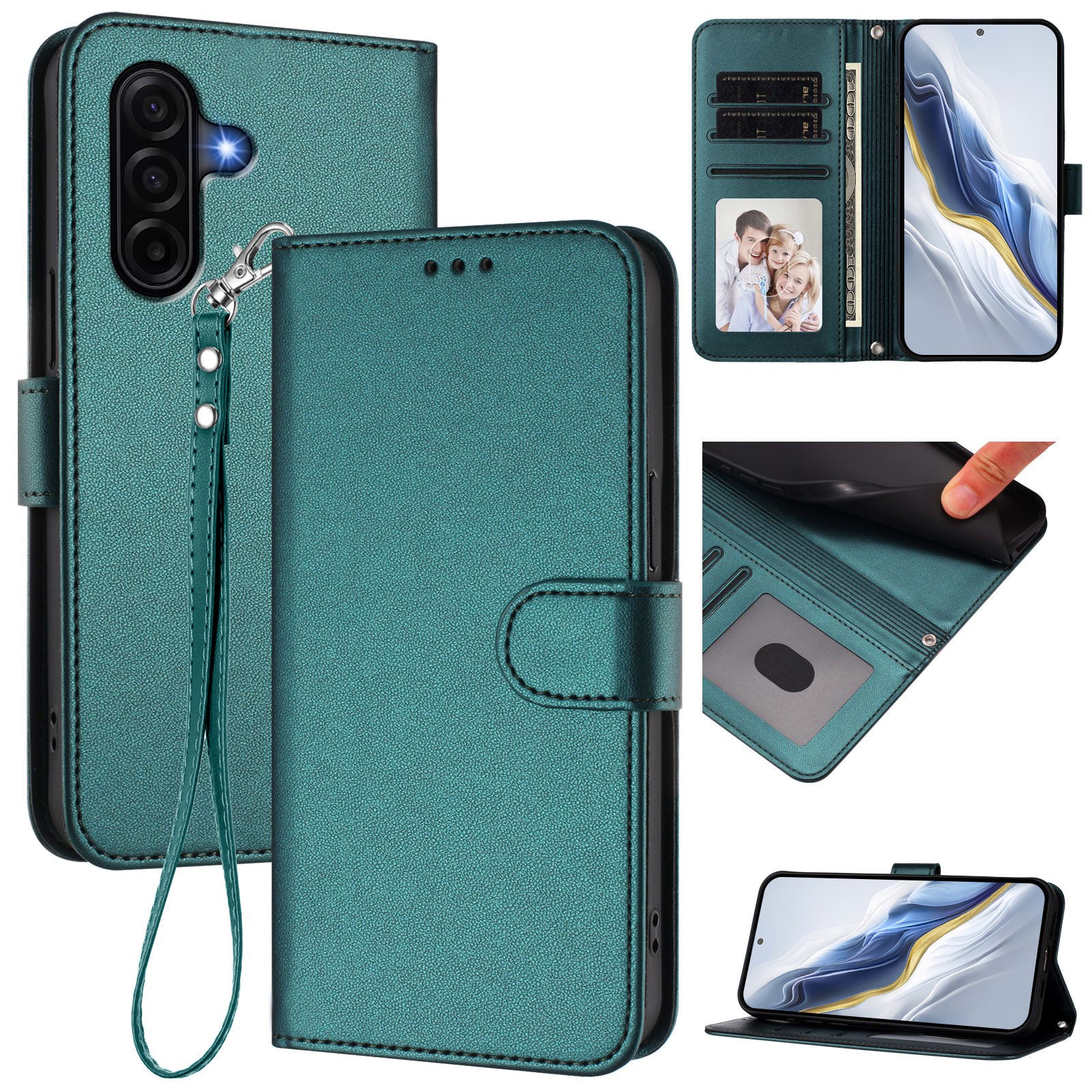 For Samsung Galaxy A57 5G Leather Case Wallet Stand Phone Cover with Wrist Strap - Green