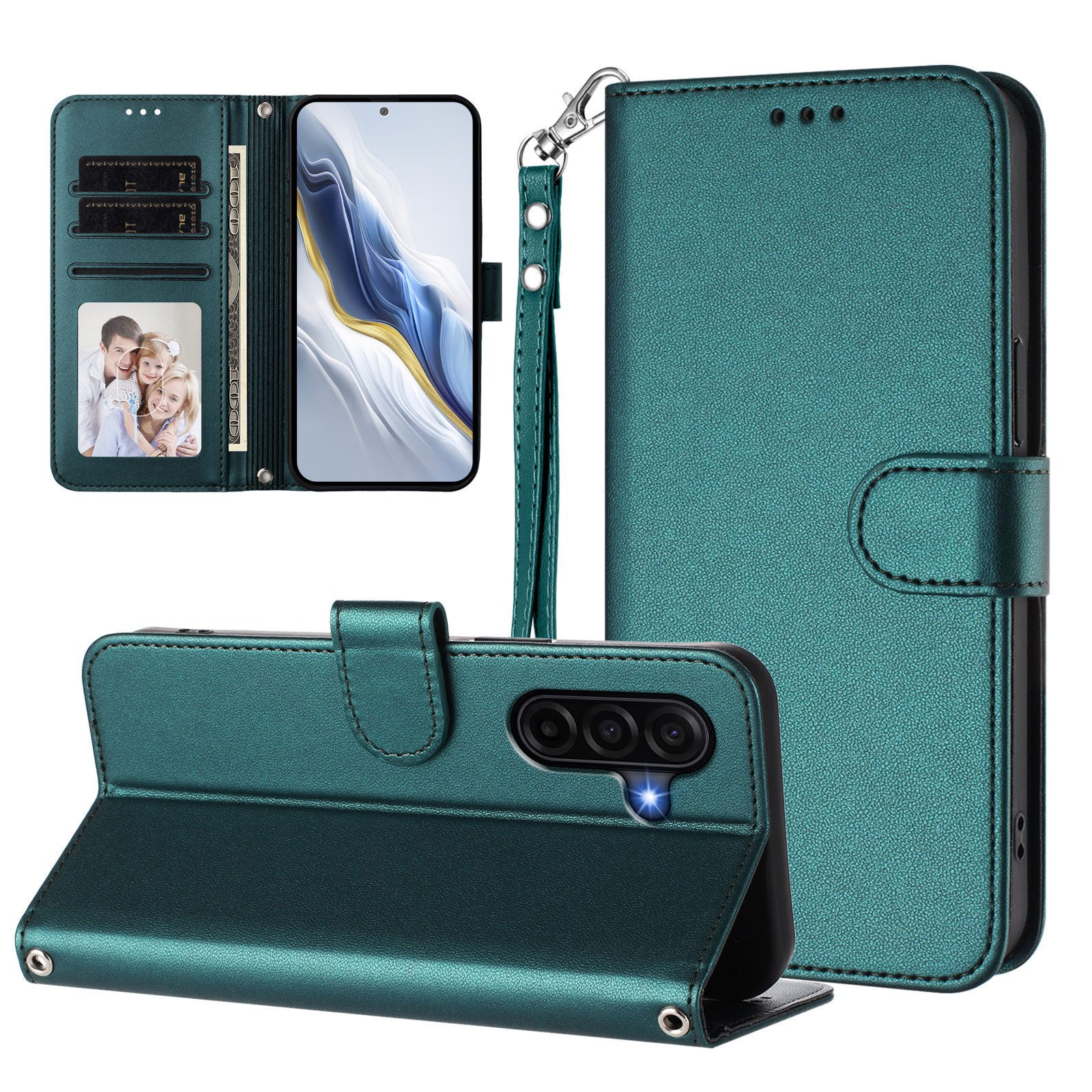 For Samsung Galaxy A57 5G Leather Case Wallet Stand Phone Cover with Wrist Strap - Green