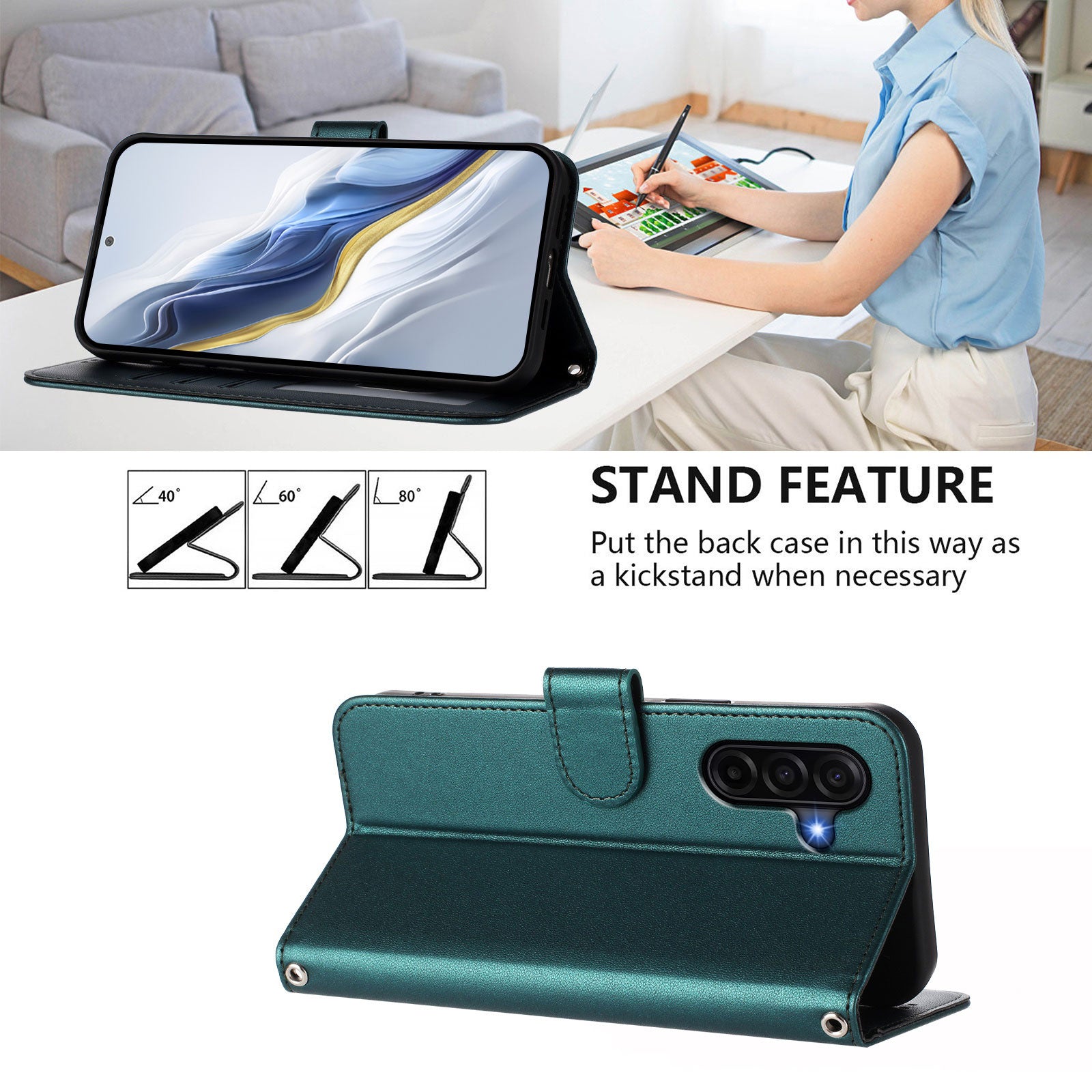 For Samsung Galaxy A57 5G Leather Case Wallet Stand Phone Cover with Wrist Strap - Green