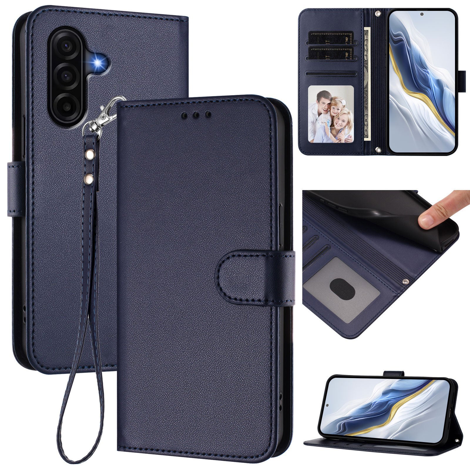 For Samsung Galaxy A57 5G Leather Case Wallet Stand Phone Cover with Wrist Strap - Blue