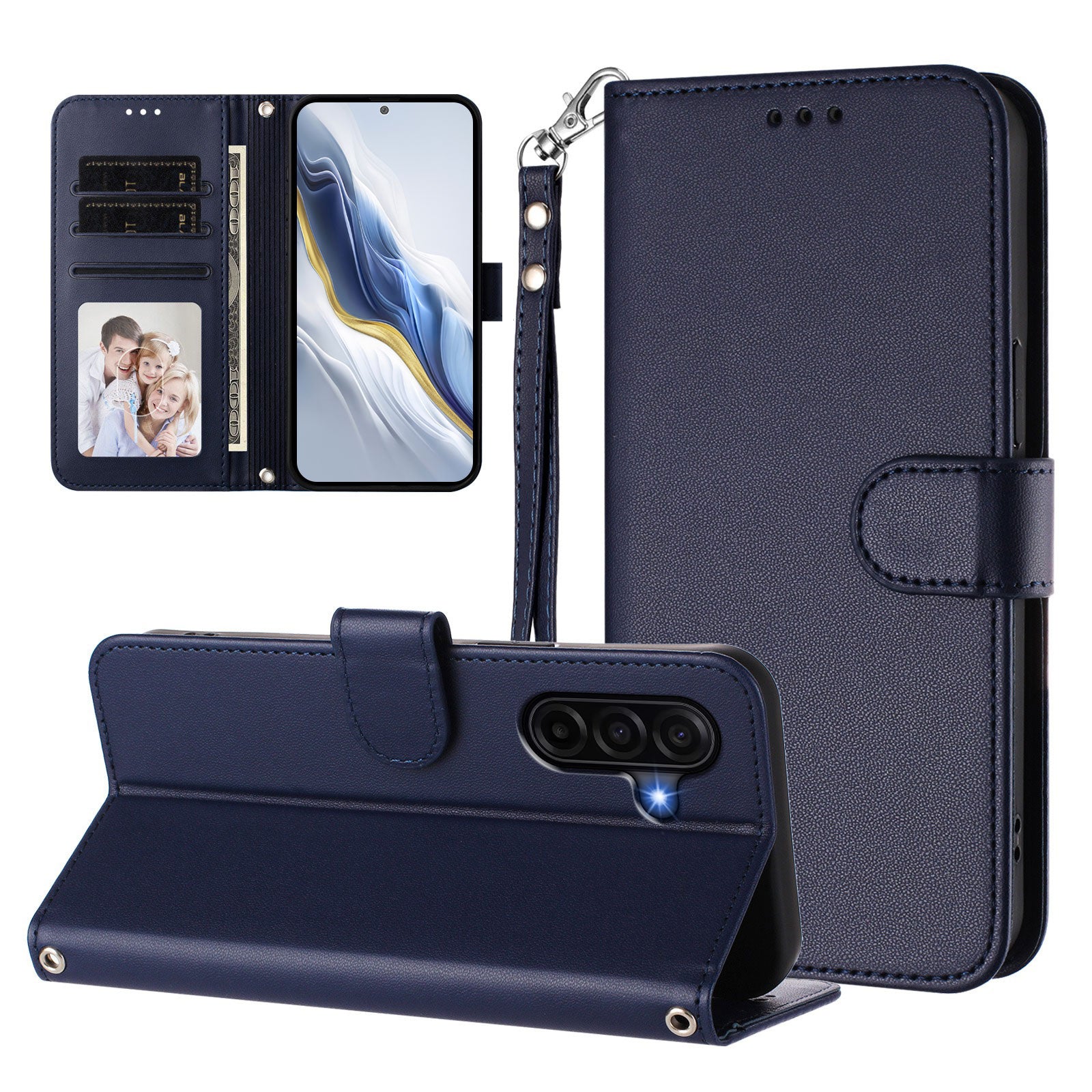 For Samsung Galaxy A57 5G Leather Case Wallet Stand Phone Cover with Wrist Strap - Blue