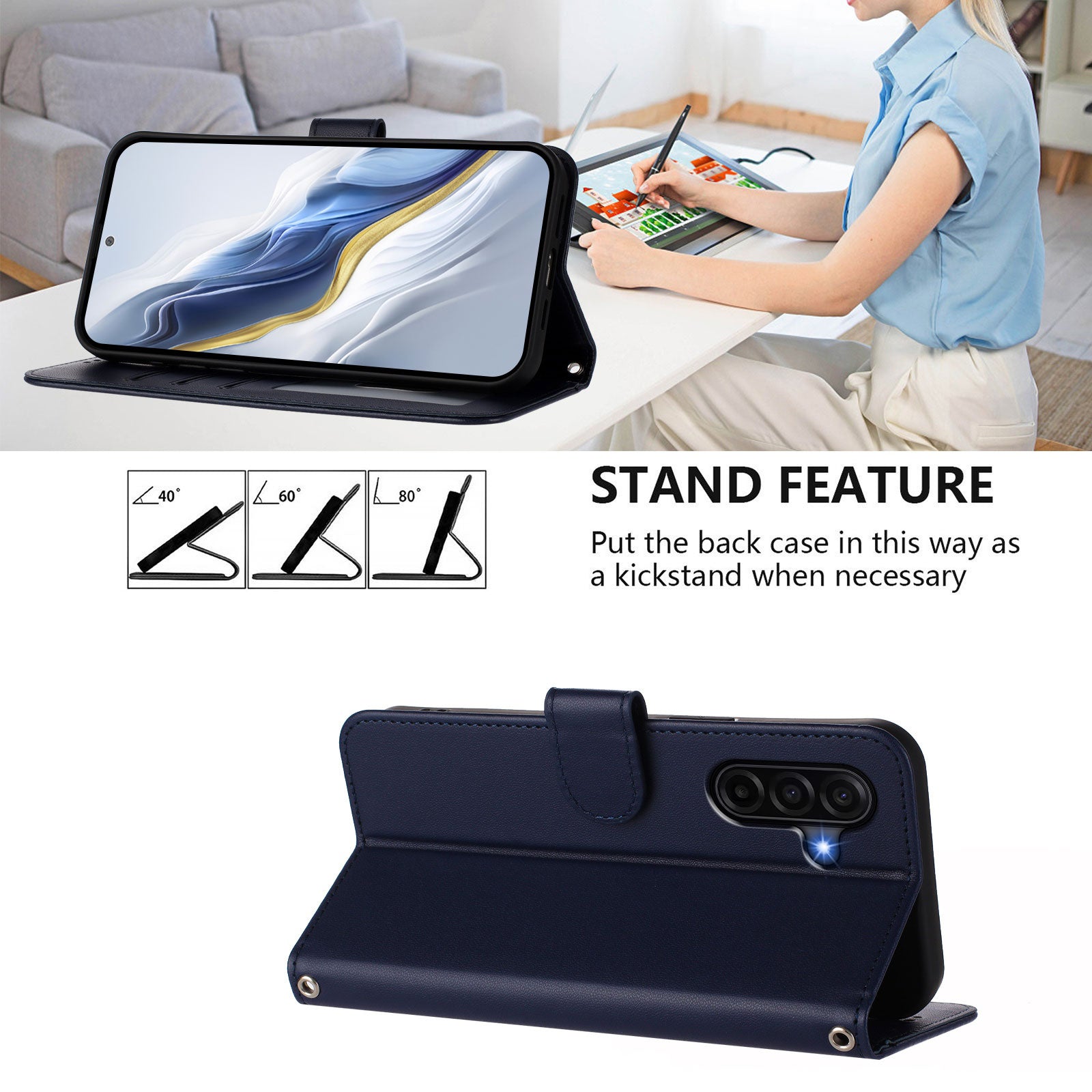 For Samsung Galaxy A57 5G Leather Case Wallet Stand Phone Cover with Wrist Strap - Blue