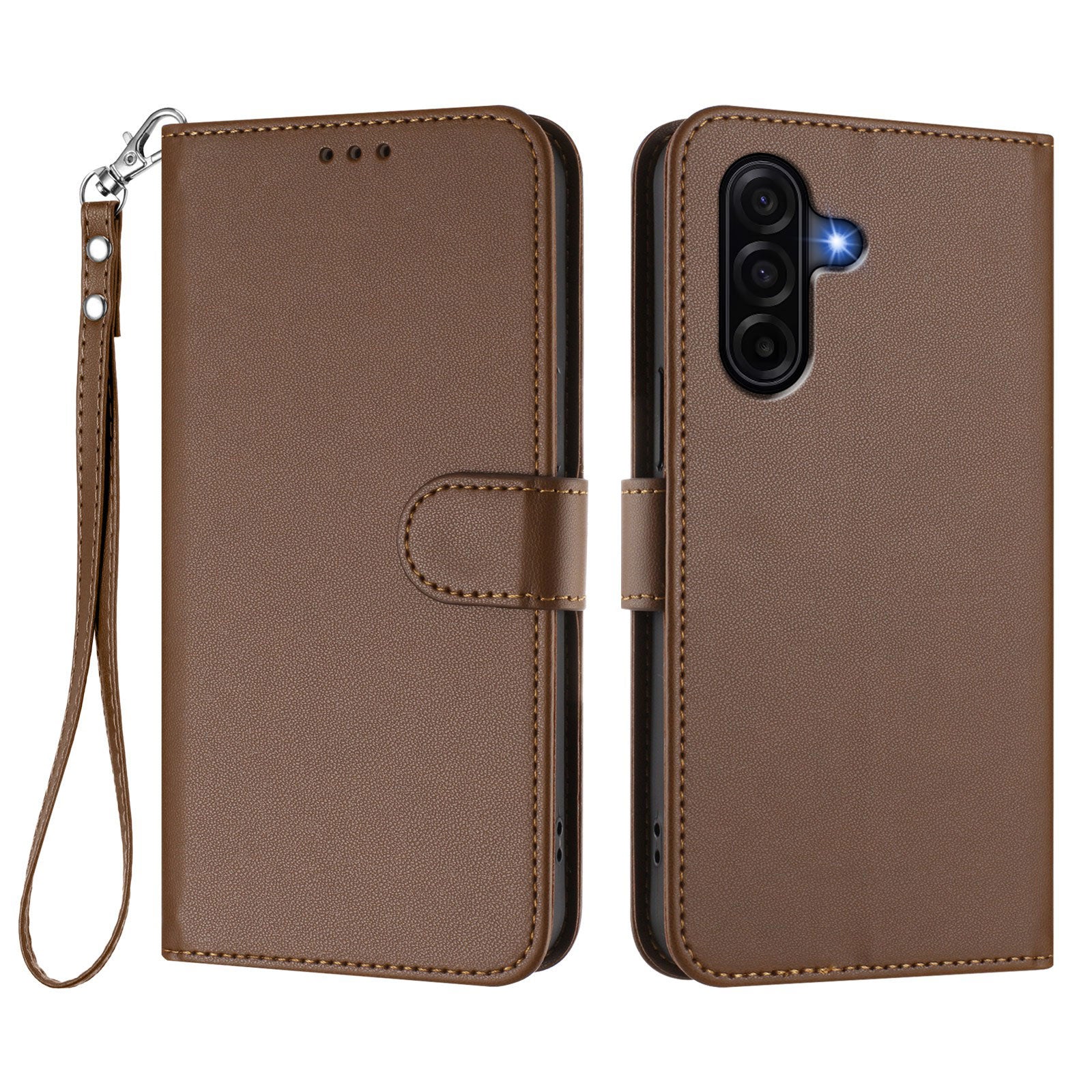 For Samsung Galaxy A57 5G Leather Case Wallet Stand Phone Cover with Wrist Strap - Brown