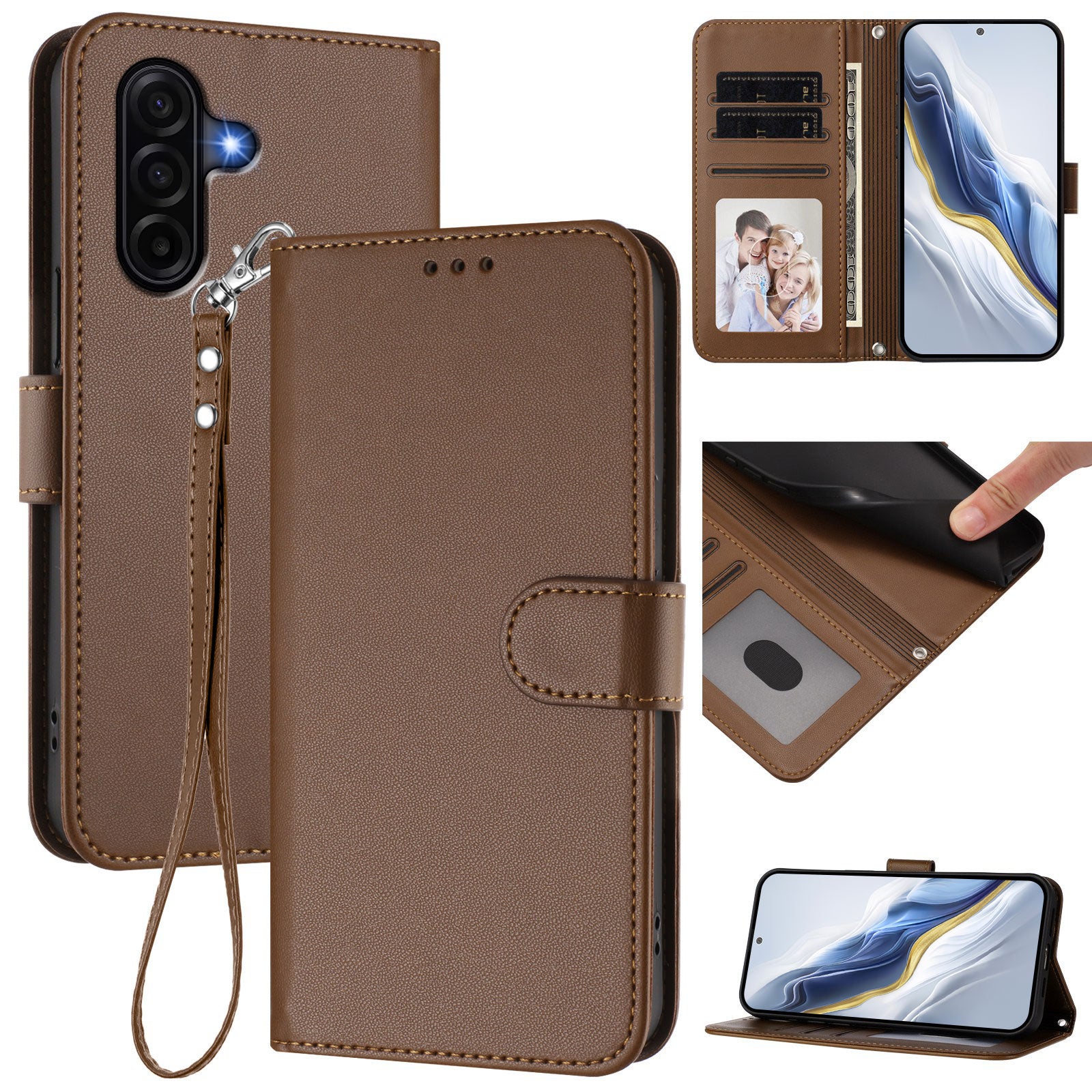 For Samsung Galaxy A57 5G Leather Case Wallet Stand Phone Cover with Wrist Strap - Brown