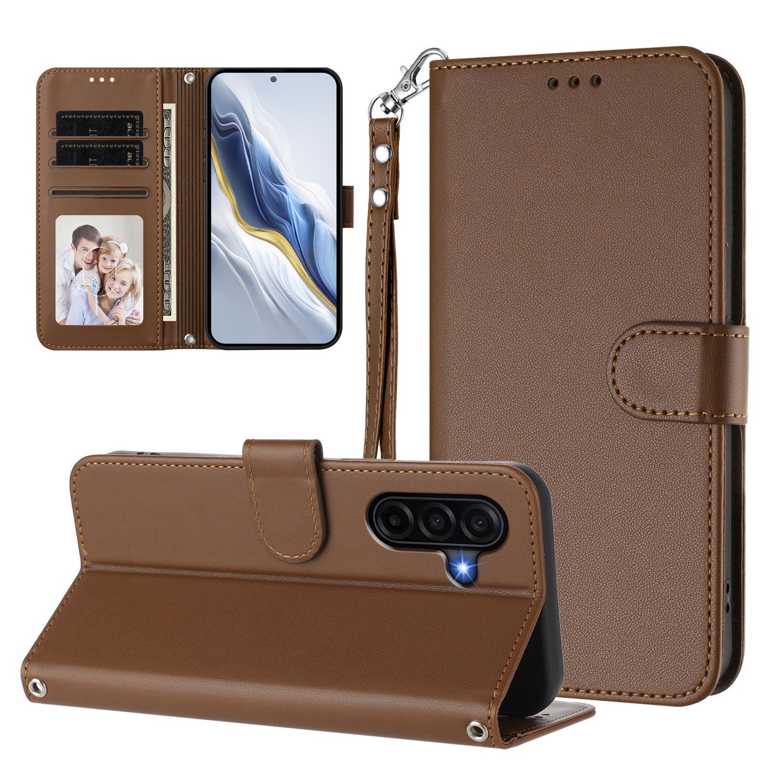 For Samsung Galaxy A57 5G Leather Case Wallet Stand Phone Cover with Wrist Strap - Brown