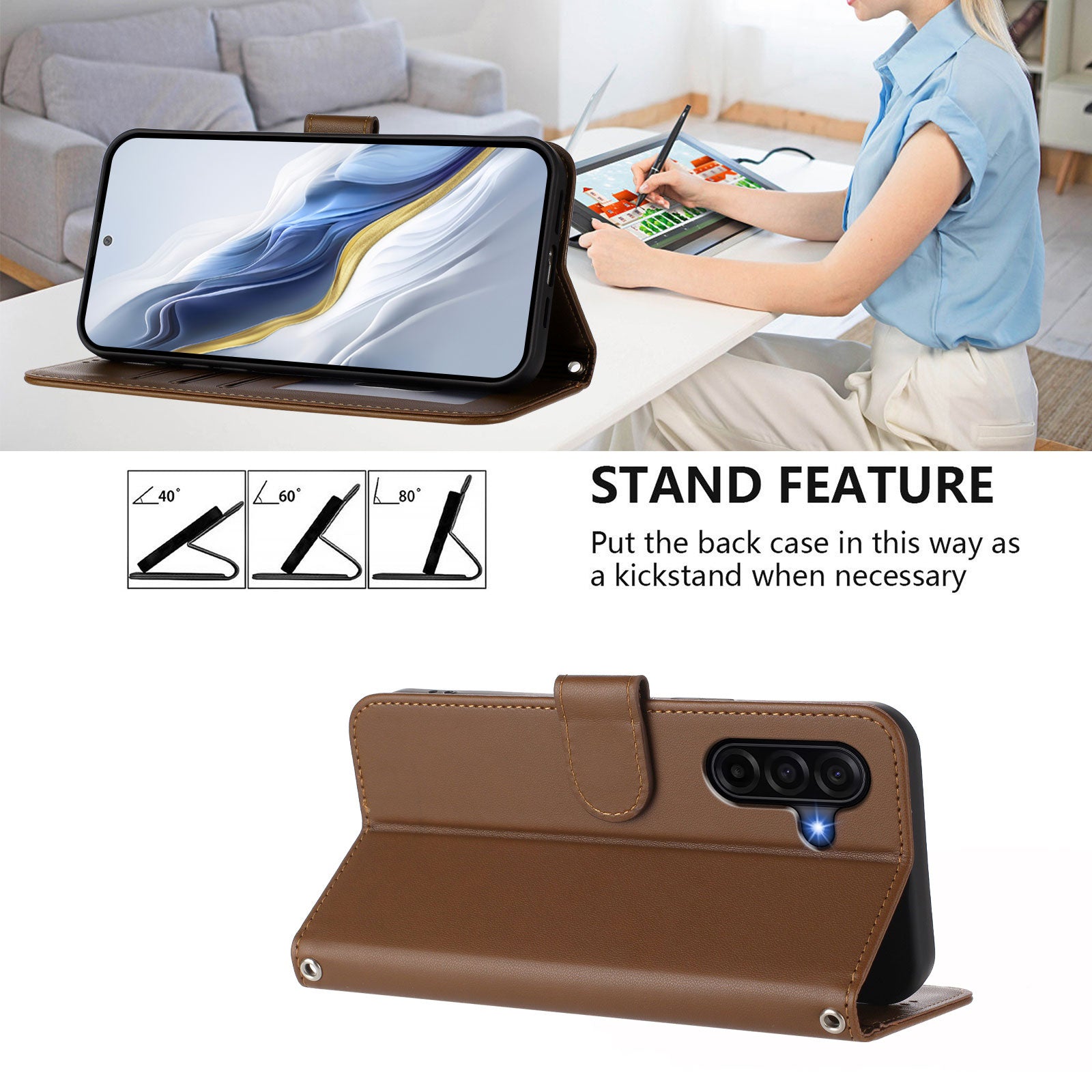 For Samsung Galaxy A57 5G Leather Case Wallet Stand Phone Cover with Wrist Strap - Brown