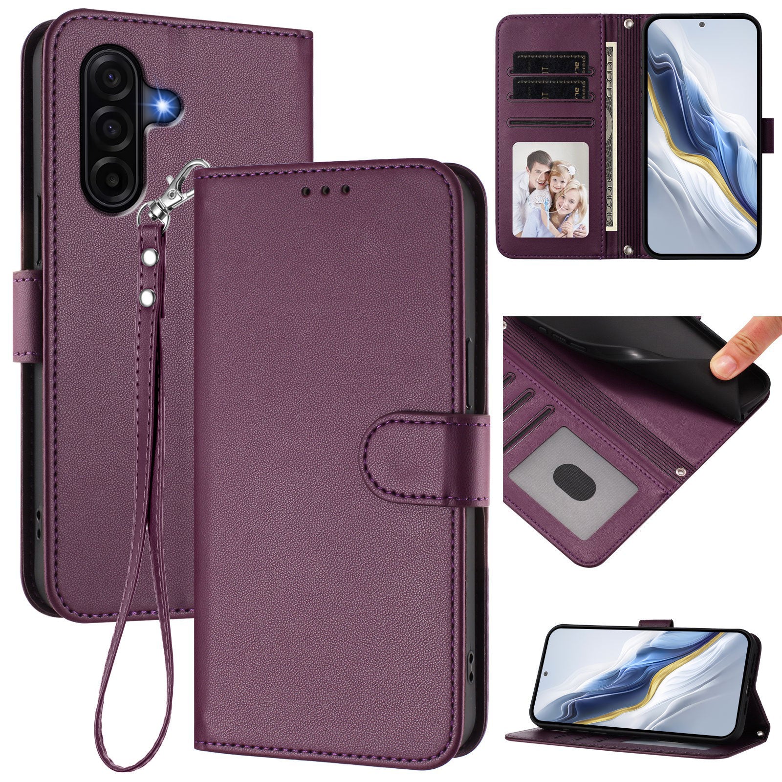 For Samsung Galaxy A57 5G Leather Case Wallet Stand Phone Cover with Wrist Strap - Purple