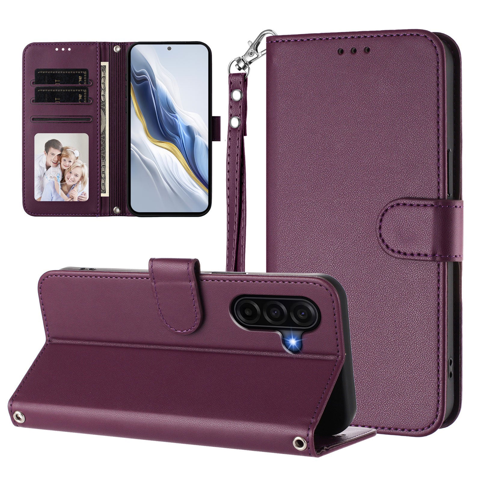For Samsung Galaxy A57 5G Leather Case Wallet Stand Phone Cover with Wrist Strap - Purple