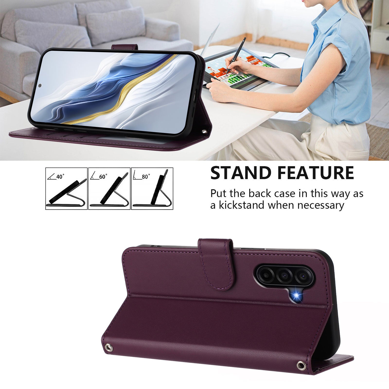 For Samsung Galaxy A57 5G Leather Case Wallet Stand Phone Cover with Wrist Strap - Purple