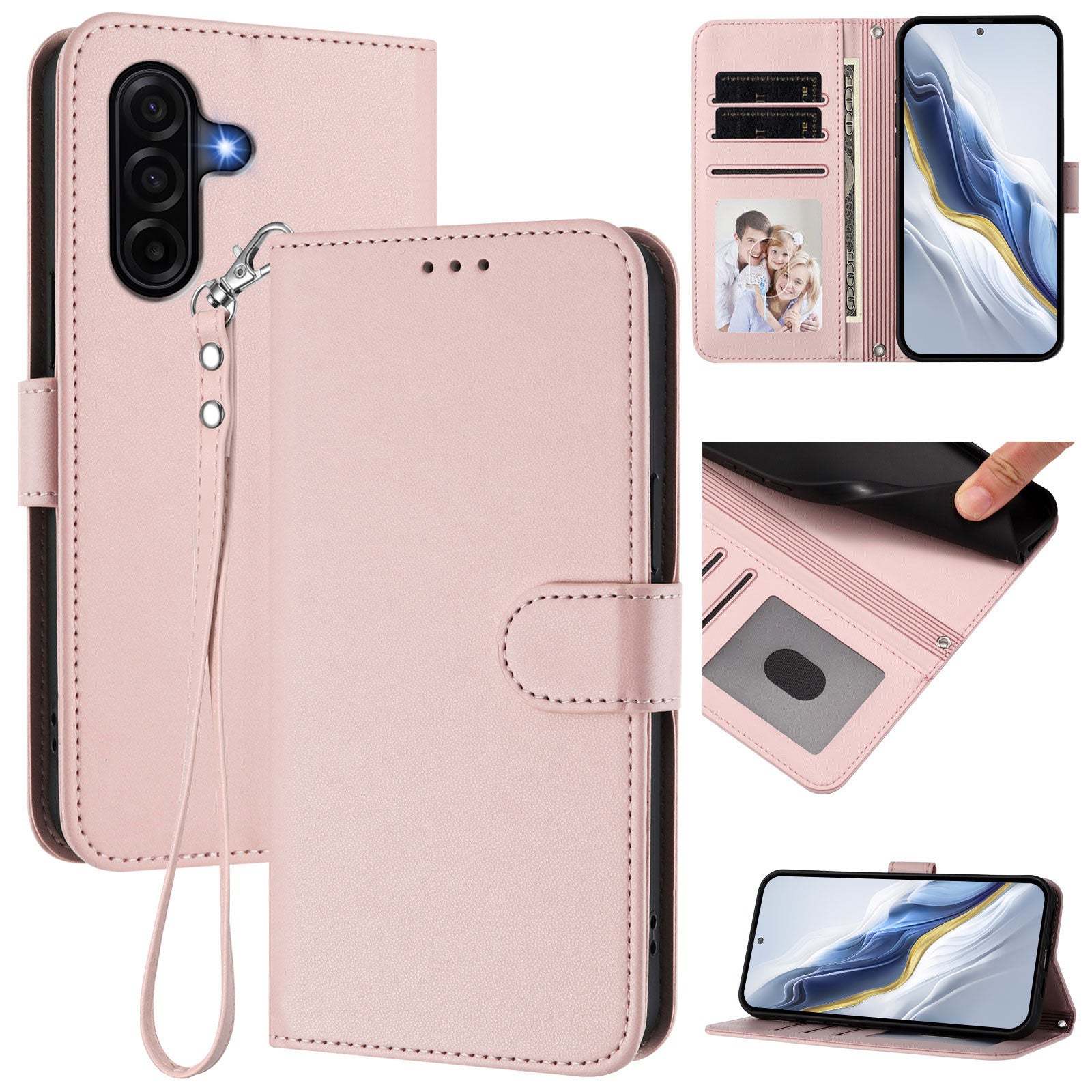 For Samsung Galaxy A57 5G Leather Case Wallet Stand Phone Cover with Wrist Strap - Pink