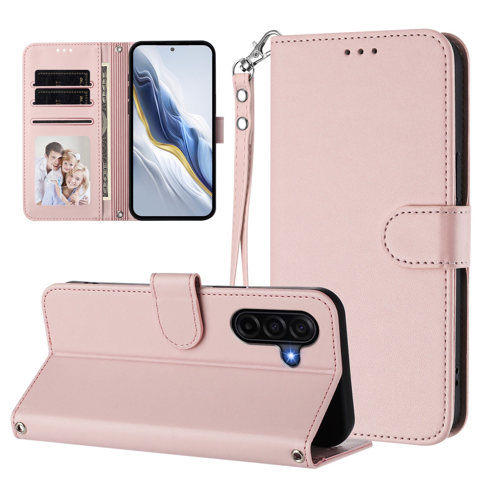 For Samsung Galaxy A57 5G Leather Case Wallet Stand Phone Cover with Wrist Strap - Pink