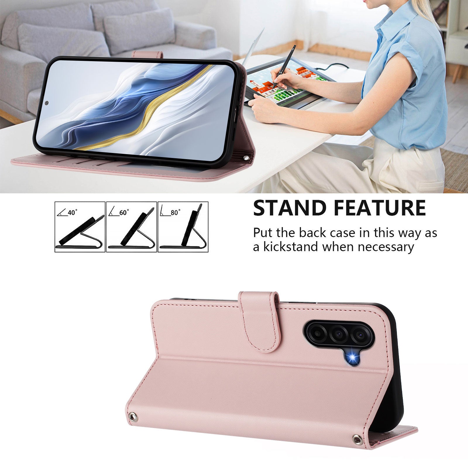 For Samsung Galaxy A57 5G Leather Case Wallet Stand Phone Cover with Wrist Strap - Pink