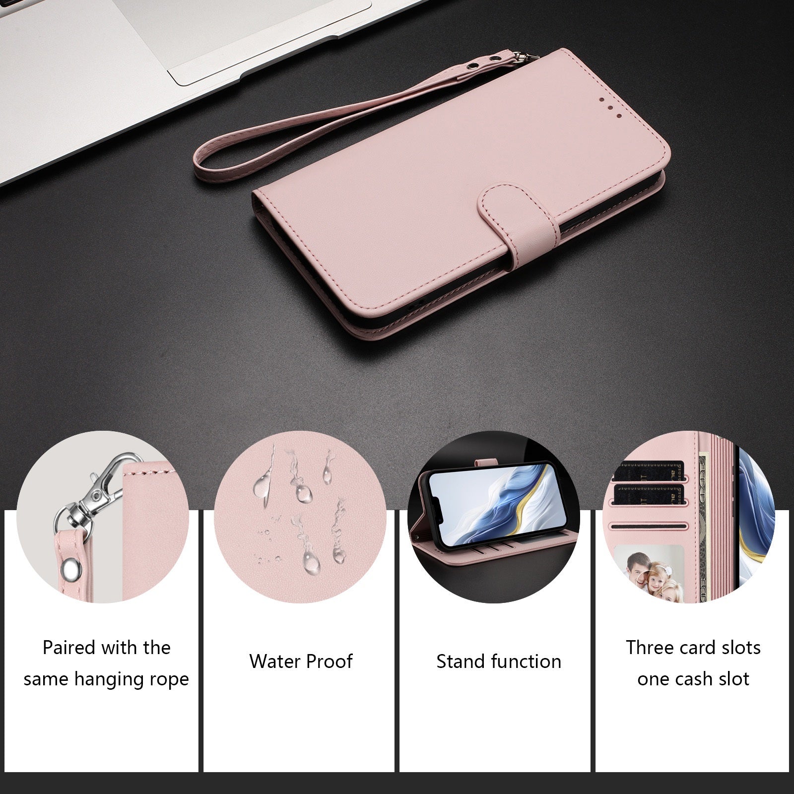 For Samsung Galaxy A57 5G Leather Case Wallet Stand Phone Cover with Wrist Strap - Pink