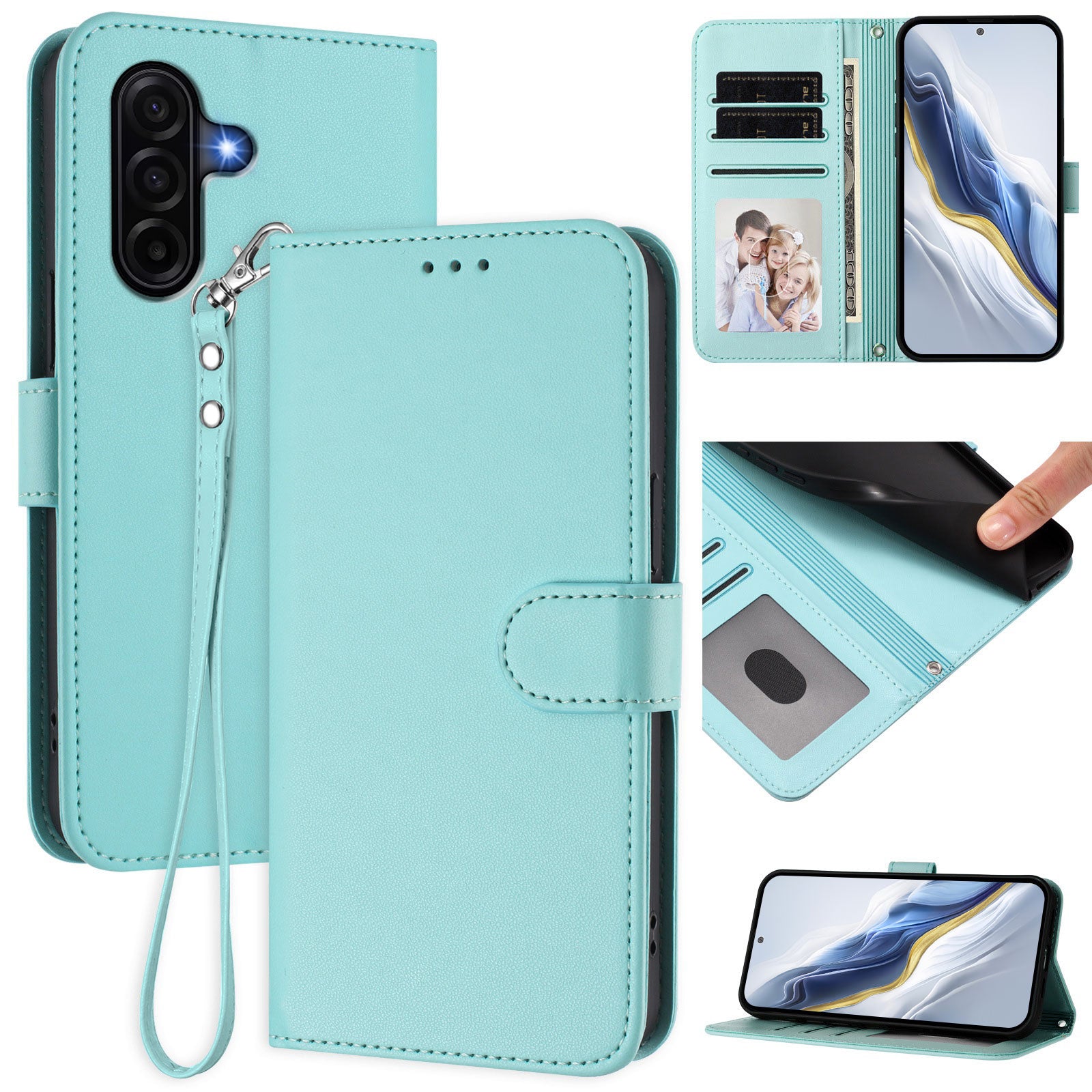 For Samsung Galaxy A57 5G Leather Case Wallet Stand Phone Cover with Wrist Strap - Mint Green