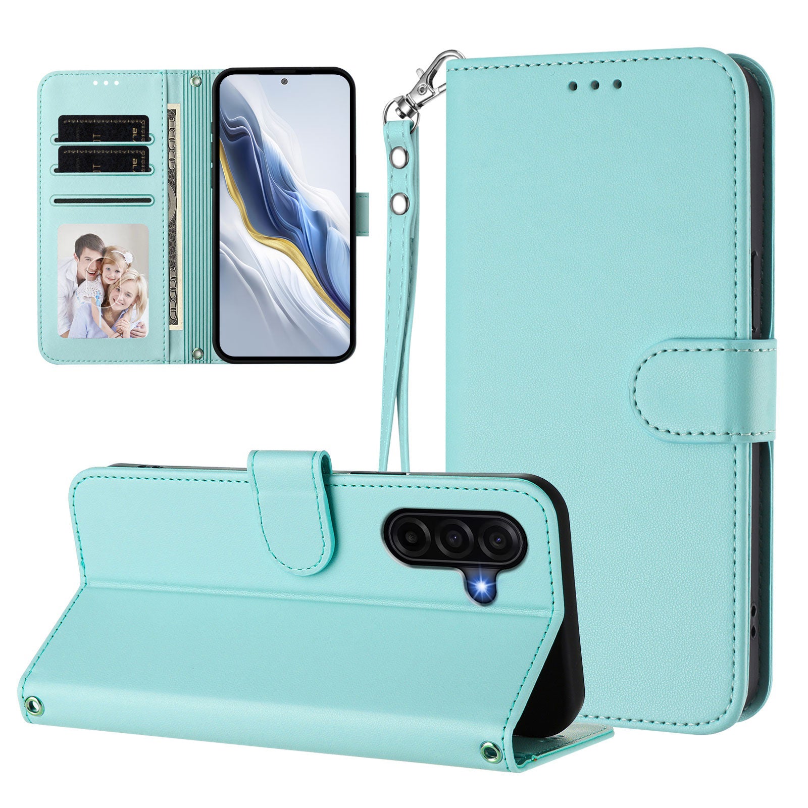 For Samsung Galaxy A57 5G Leather Case Wallet Stand Phone Cover with Wrist Strap - Mint Green