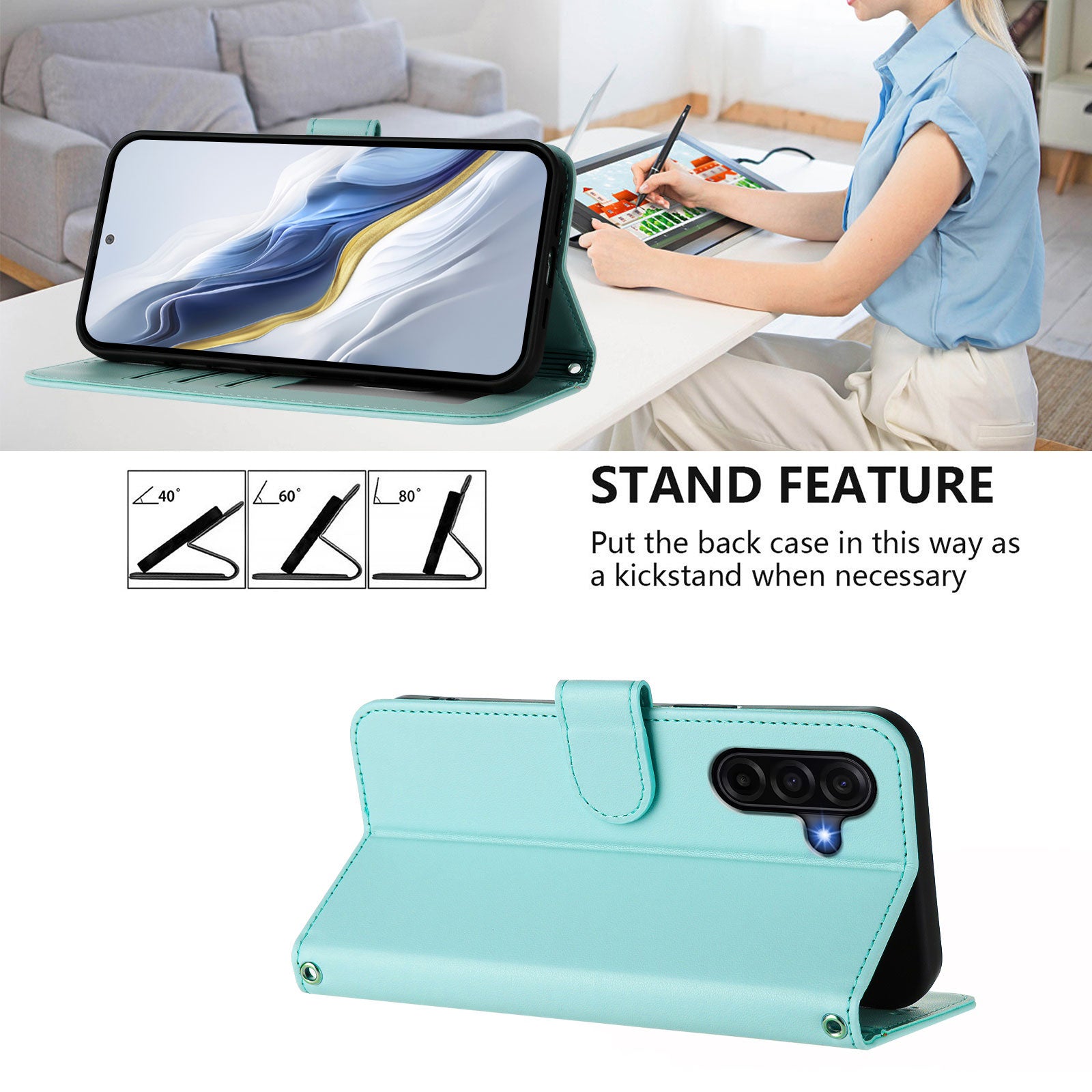 For Samsung Galaxy A57 5G Leather Case Wallet Stand Phone Cover with Wrist Strap - Mint Green