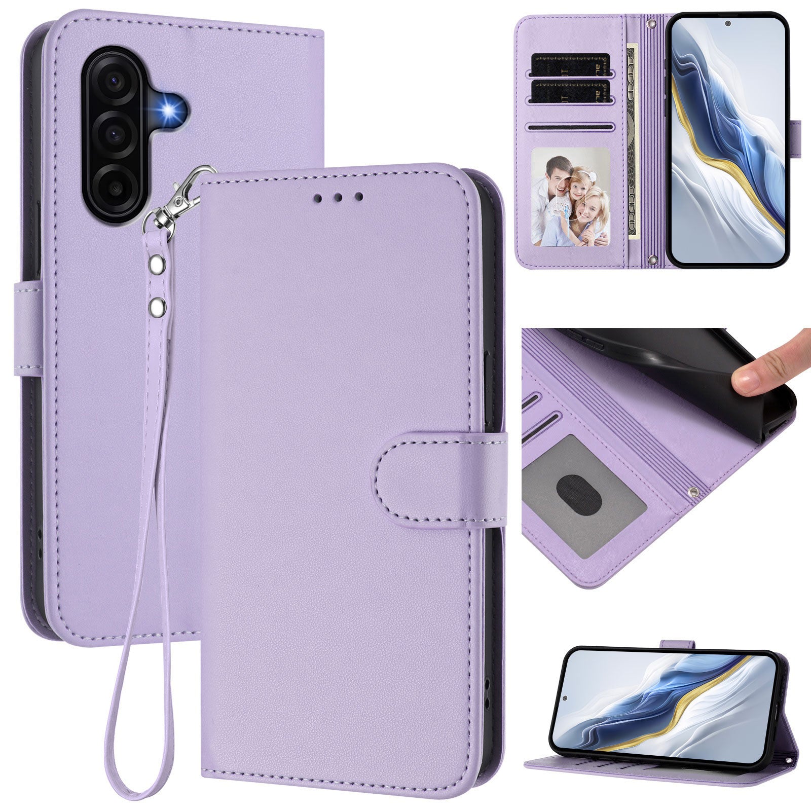 For Samsung Galaxy A57 5G Leather Case Wallet Stand Phone Cover with Wrist Strap - Light Purple