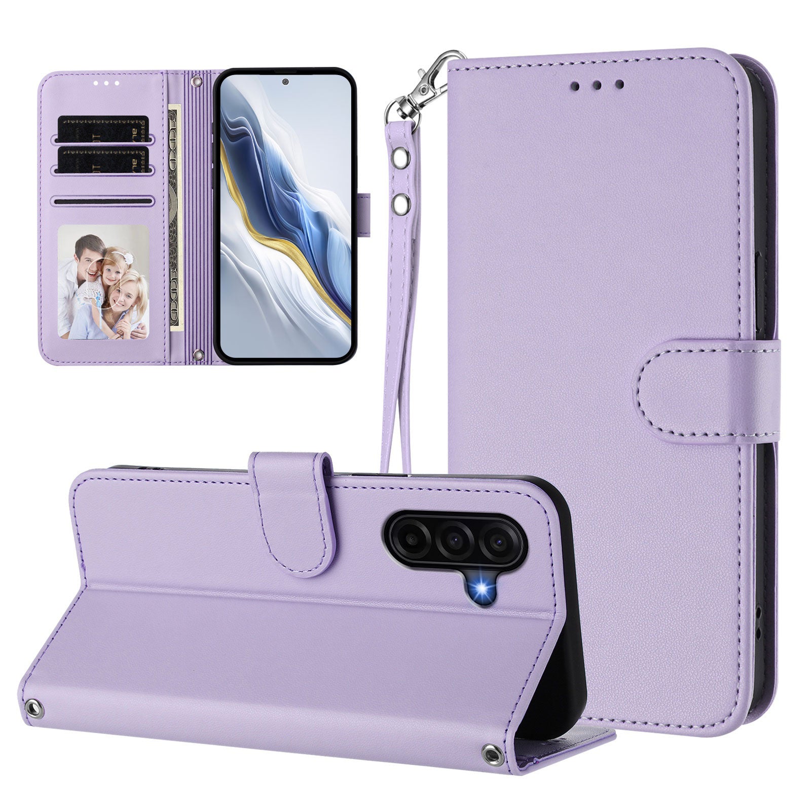 For Samsung Galaxy A57 5G Leather Case Wallet Stand Phone Cover with Wrist Strap - Light Purple