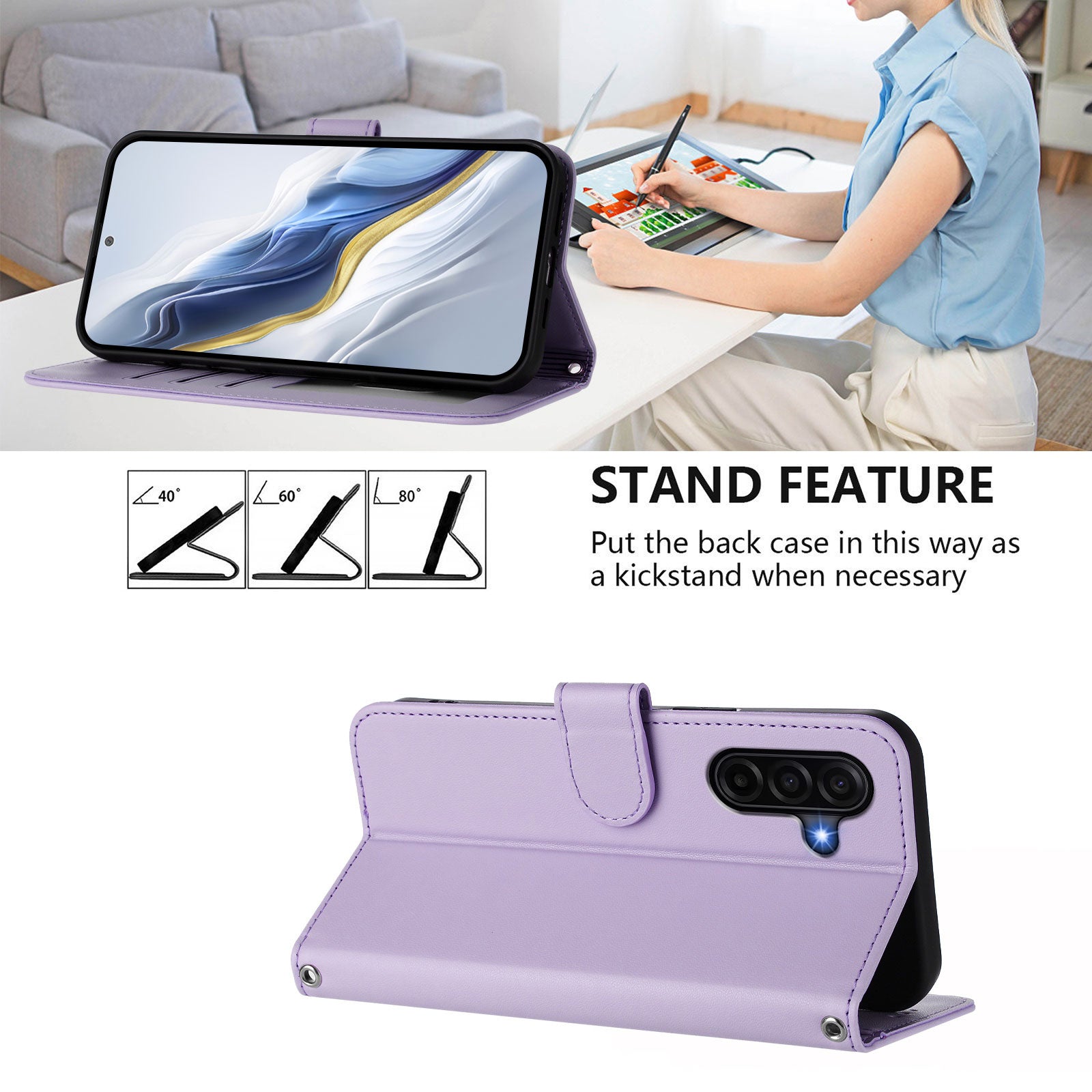 For Samsung Galaxy A57 5G Leather Case Wallet Stand Phone Cover with Wrist Strap - Light Purple