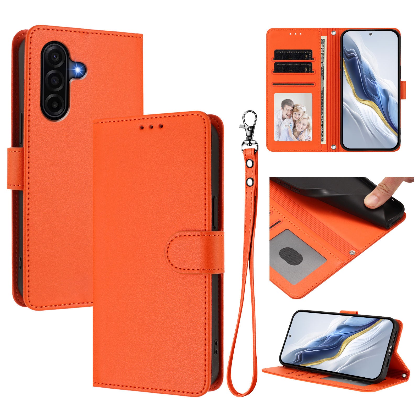 For Samsung Galaxy A57 5G Leather Case Wallet Stand Phone Cover with Wrist Strap - Orange