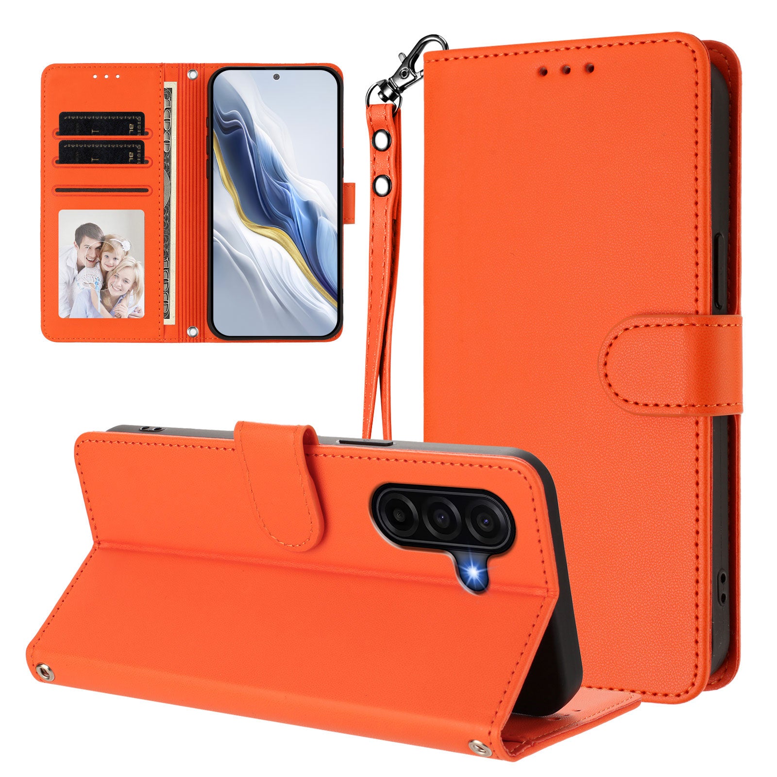 For Samsung Galaxy A57 5G Leather Case Wallet Stand Phone Cover with Wrist Strap - Orange
