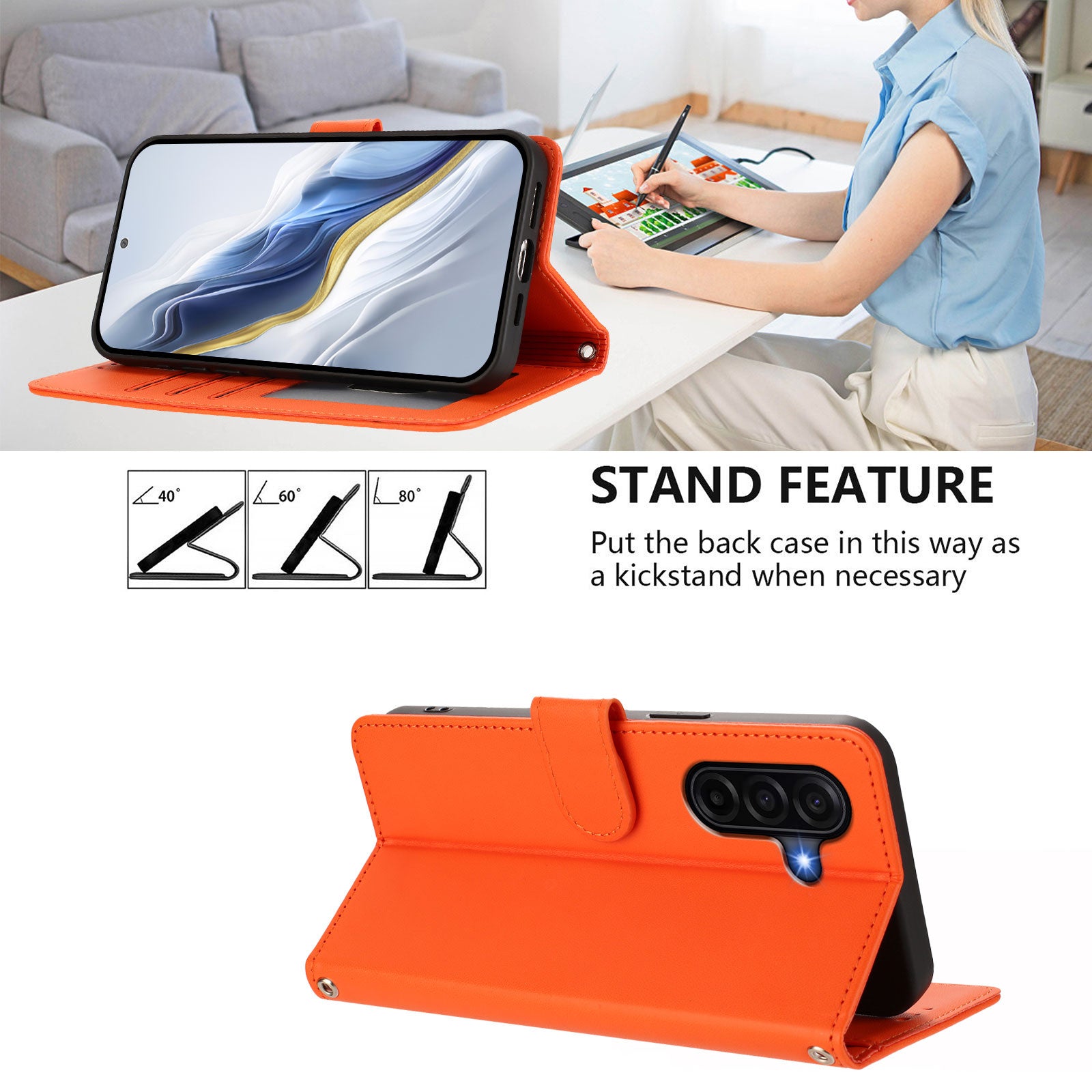 For Samsung Galaxy A57 5G Leather Case Wallet Stand Phone Cover with Wrist Strap - Orange