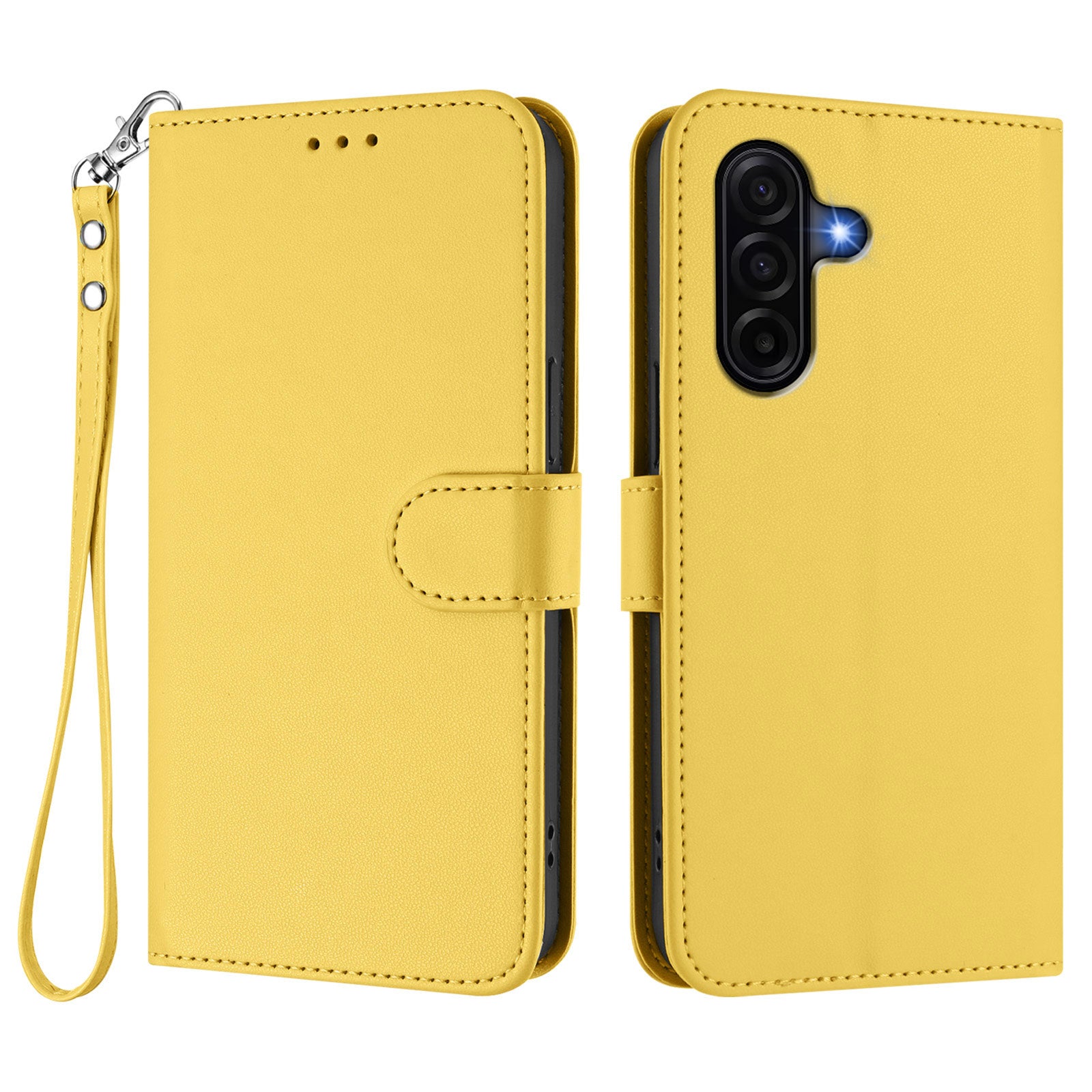 For Samsung Galaxy A57 5G Leather Case Wallet Stand Phone Cover with Wrist Strap - Yellow
