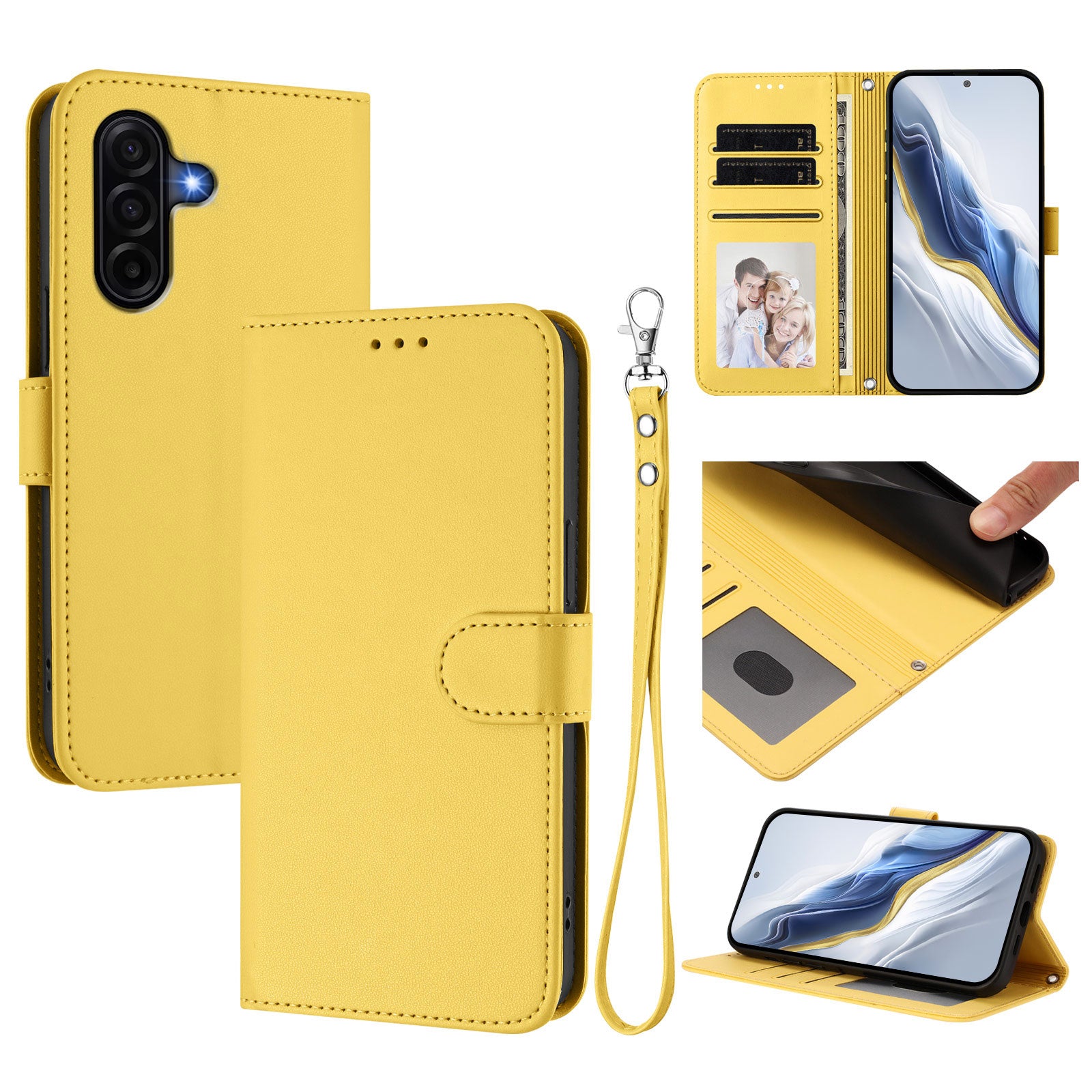 For Samsung Galaxy A57 5G Leather Case Wallet Stand Phone Cover with Wrist Strap - Yellow
