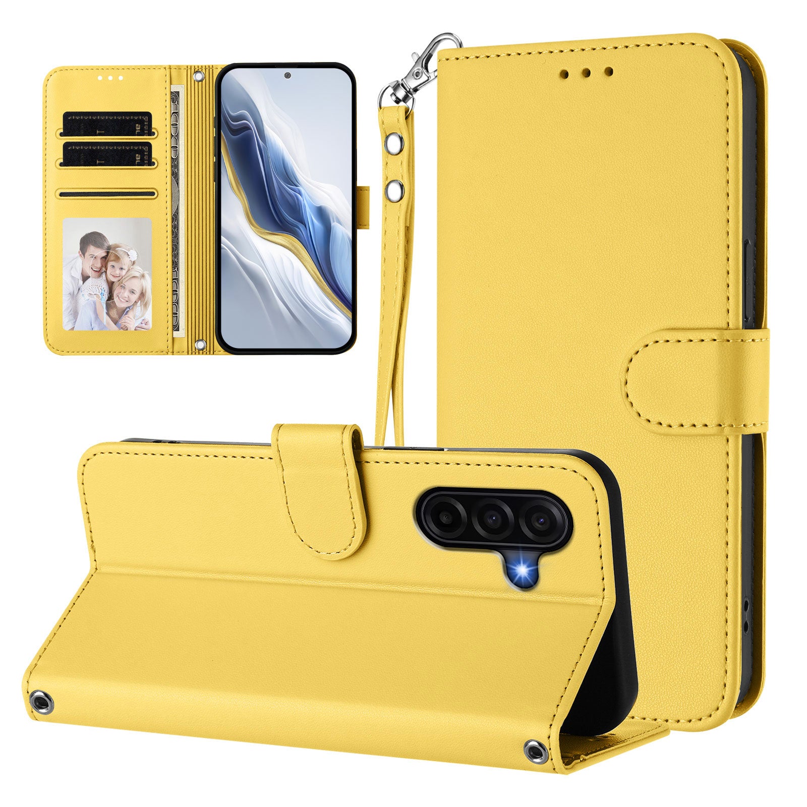 For Samsung Galaxy A57 5G Leather Case Wallet Stand Phone Cover with Wrist Strap - Yellow