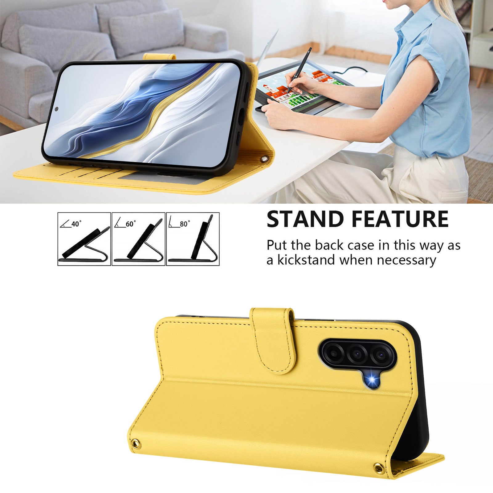 For Samsung Galaxy A57 5G Leather Case Wallet Stand Phone Cover with Wrist Strap - Yellow