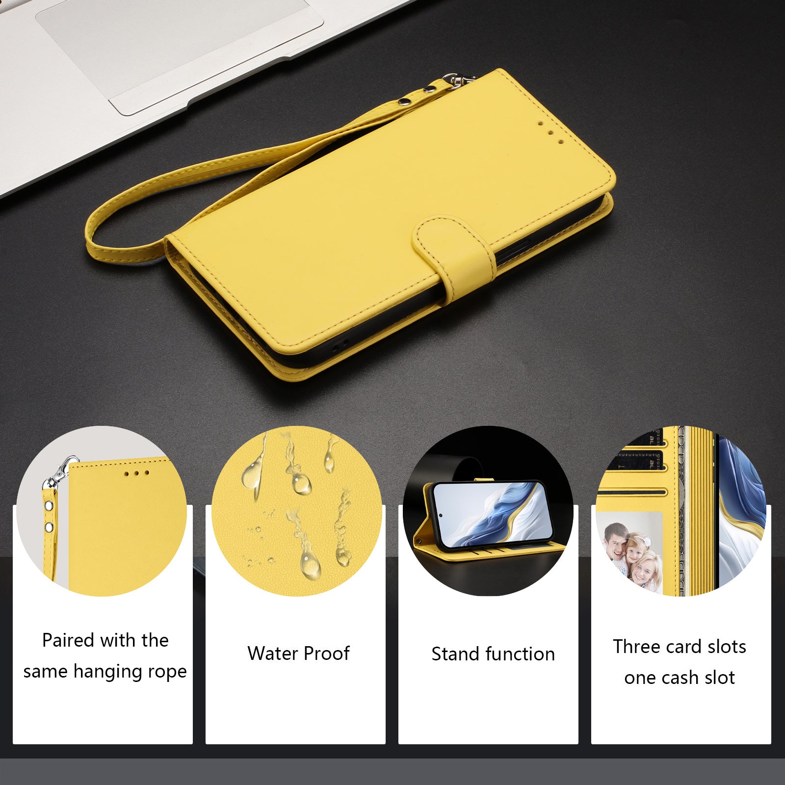 For Samsung Galaxy A57 5G Leather Case Wallet Stand Phone Cover with Wrist Strap - Yellow