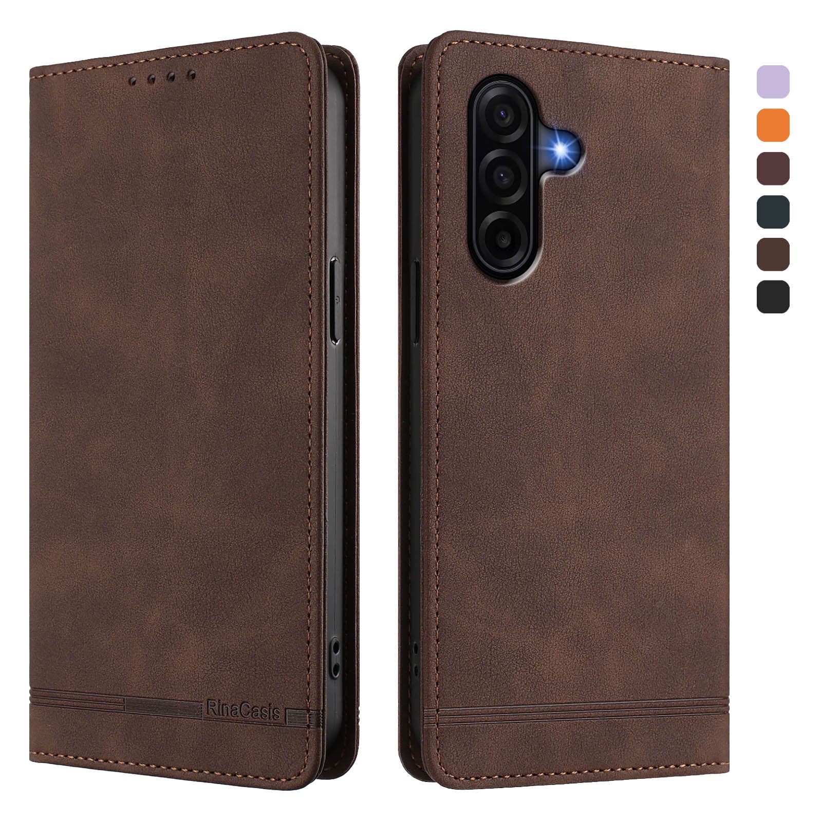 For Samsung Galaxy A57 5G Case RINACASIS RC23 RFID Blocking Wallet Stand PU Leather Phone Cover - Brown