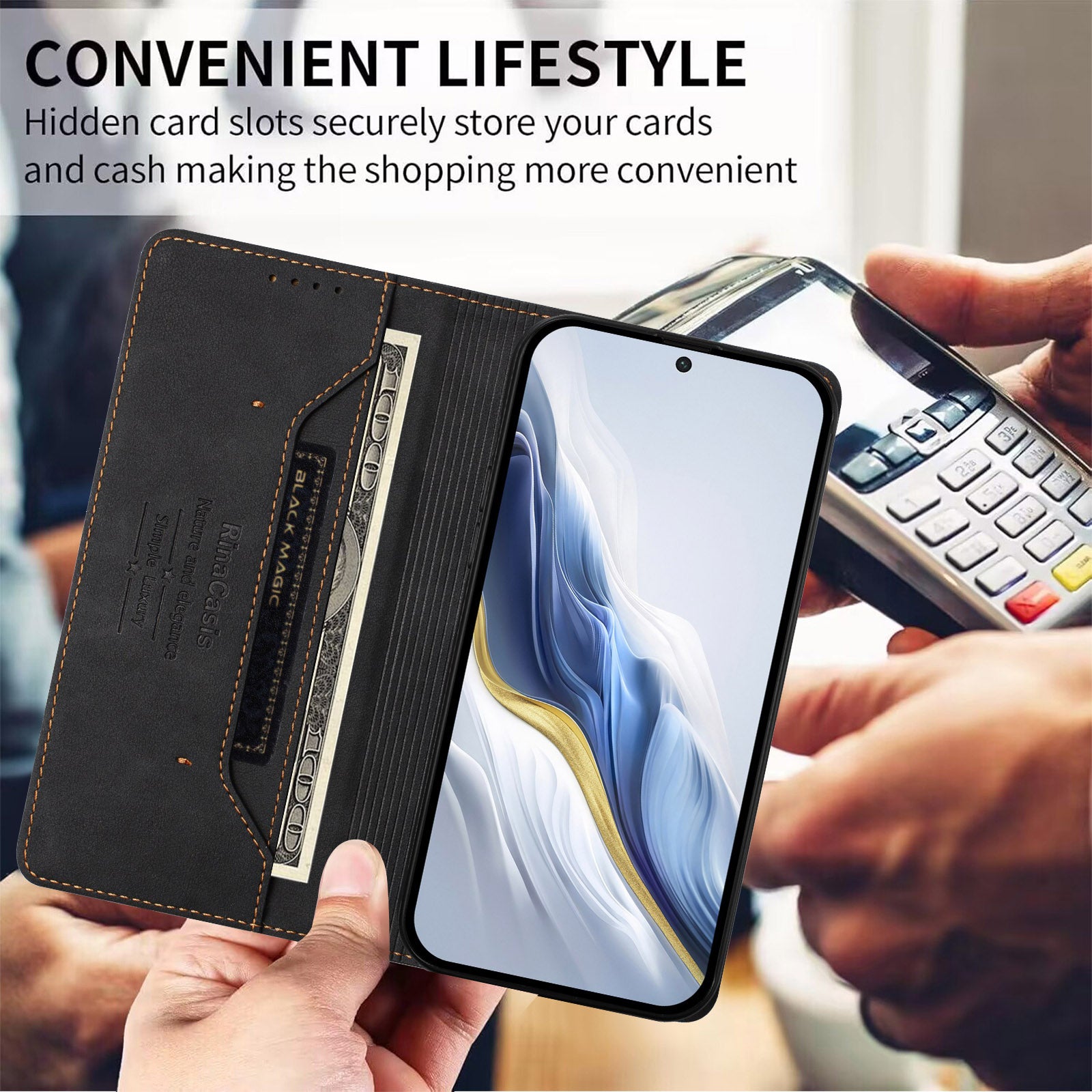 For Samsung Galaxy A57 5G Case RINACASIS RC23 RFID Blocking Wallet Stand PU Leather Phone Cover - Black