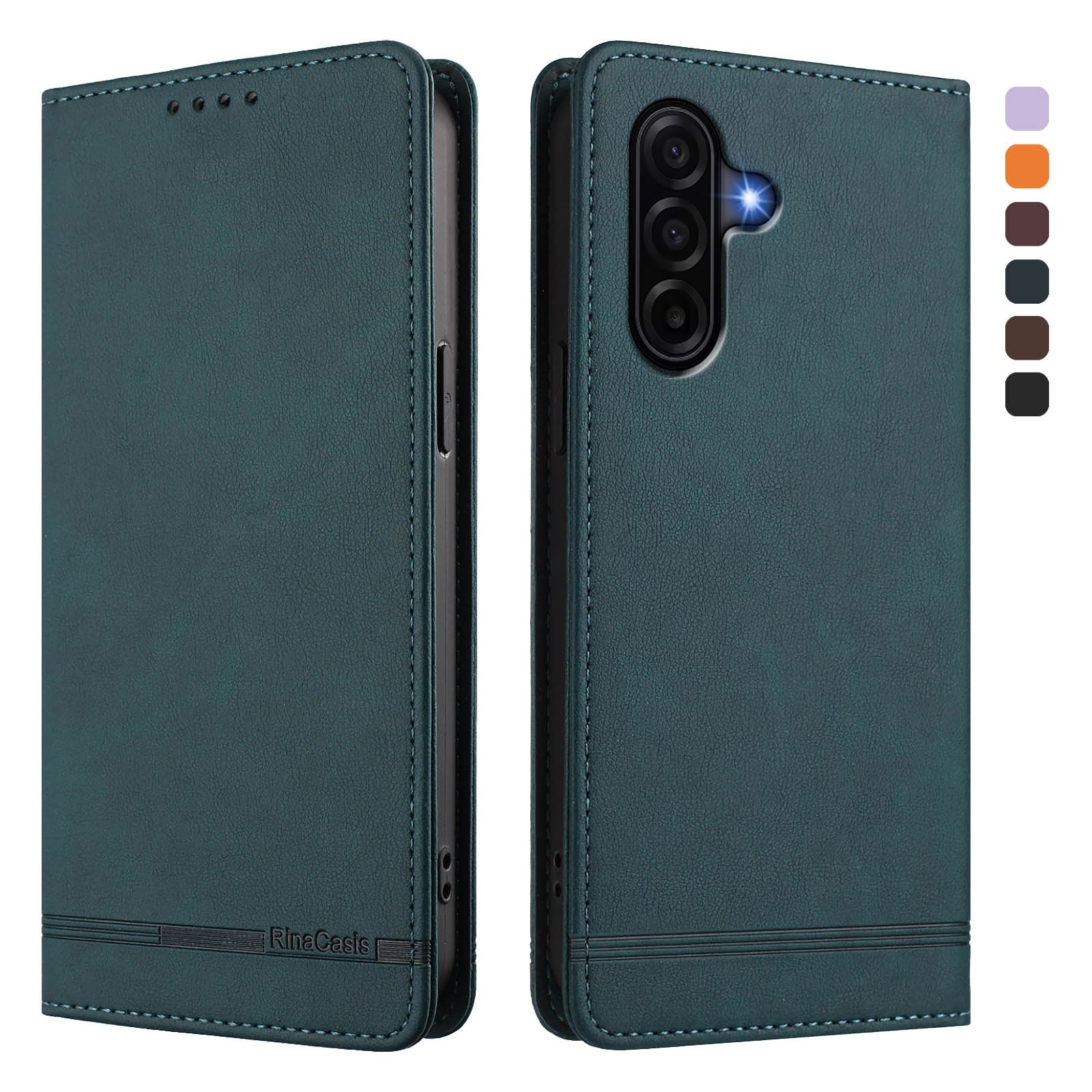 For Samsung Galaxy A57 5G Case RINACASIS RC23 RFID Blocking Wallet Stand PU Leather Phone Cover - Dark Green