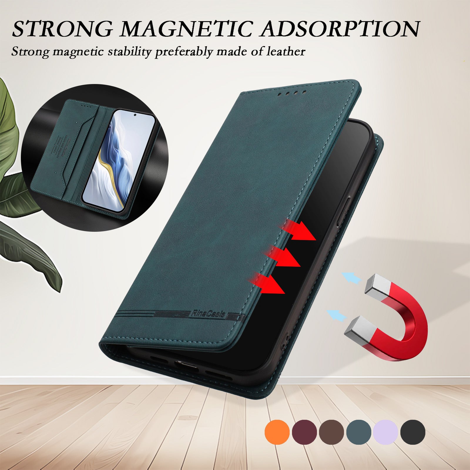 For Samsung Galaxy A57 5G Case RINACASIS RC23 RFID Blocking Wallet Stand PU Leather Phone Cover - Dark Green